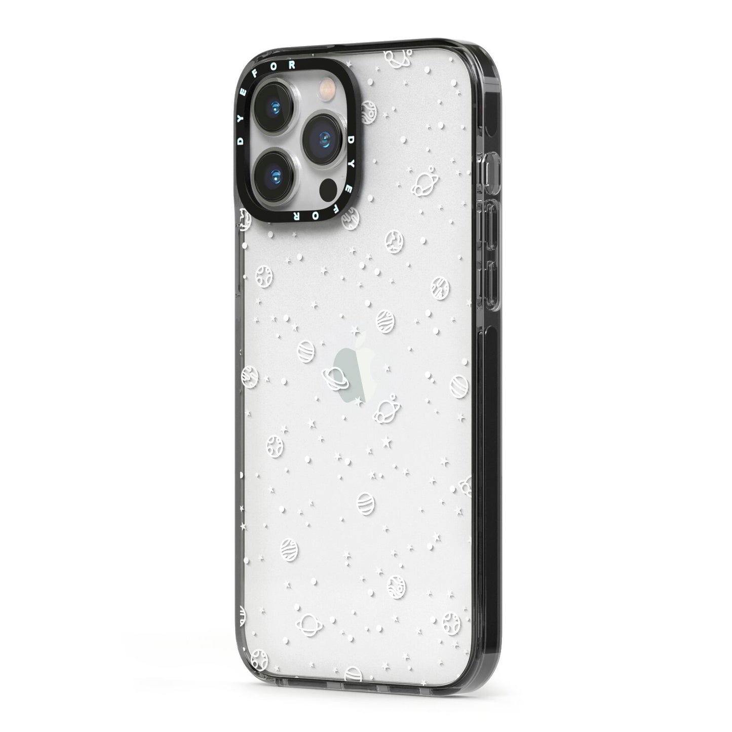 White Planets iPhone 13 Pro Max Black Impact Case Side Angle on Silver phone