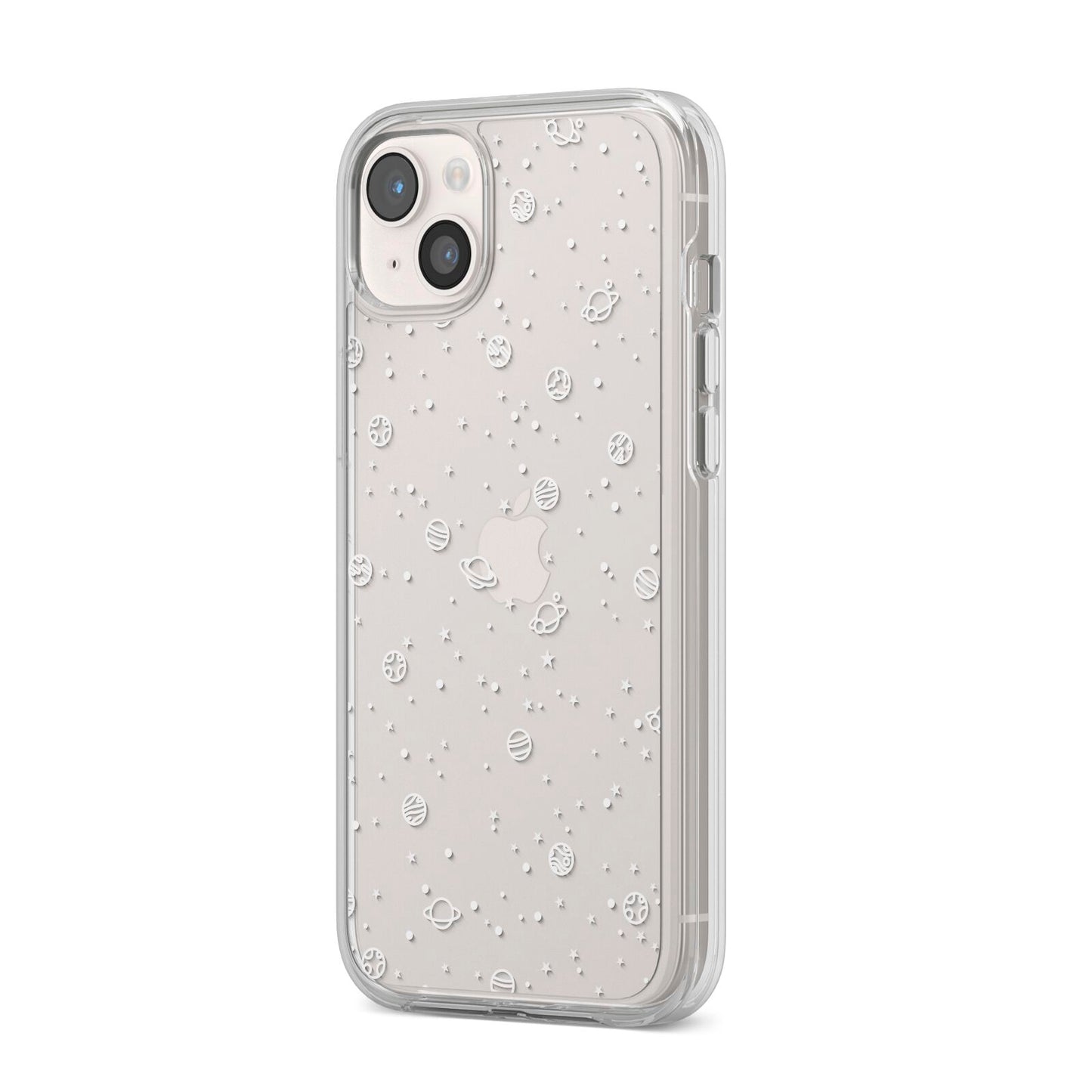 White Planets iPhone 14 Plus Clear Tough Case Starlight Angled Image