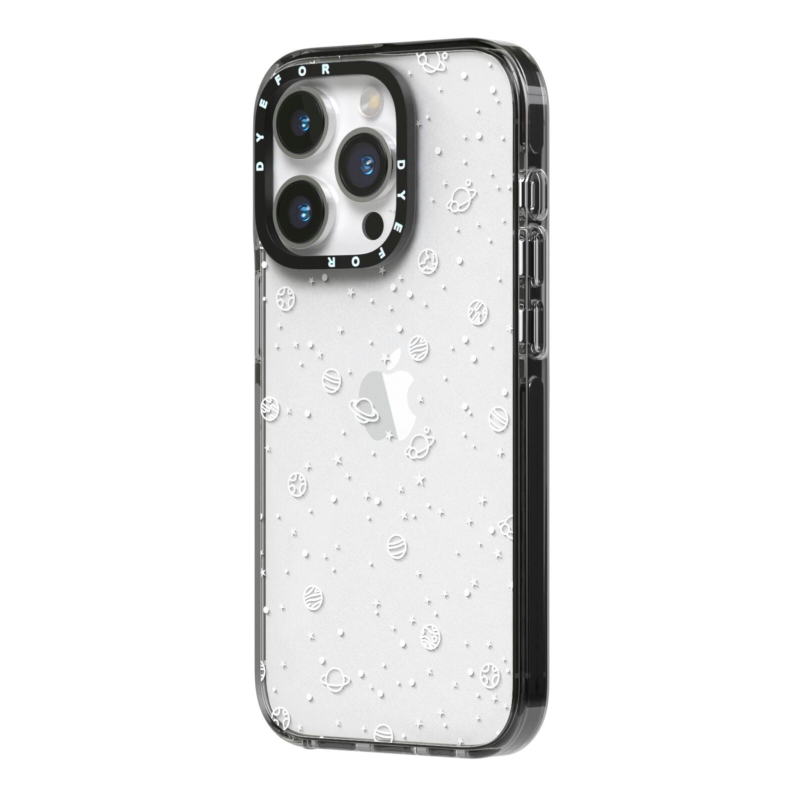 White Planets iPhone 14 Pro Black Impact Case Side Angle on Silver phone