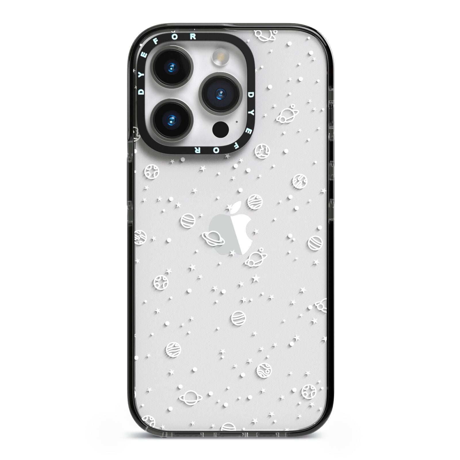 White Planets iPhone 14 Pro Black Impact Case on Silver phone