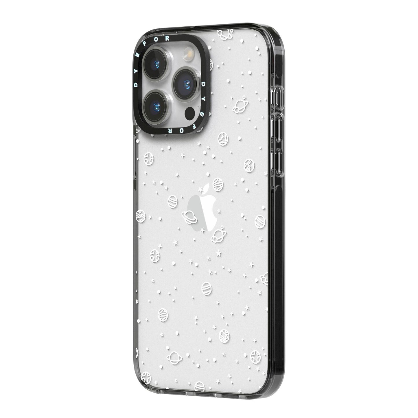 White Planets iPhone 14 Pro Max Black Impact Case Side Angle on Silver phone