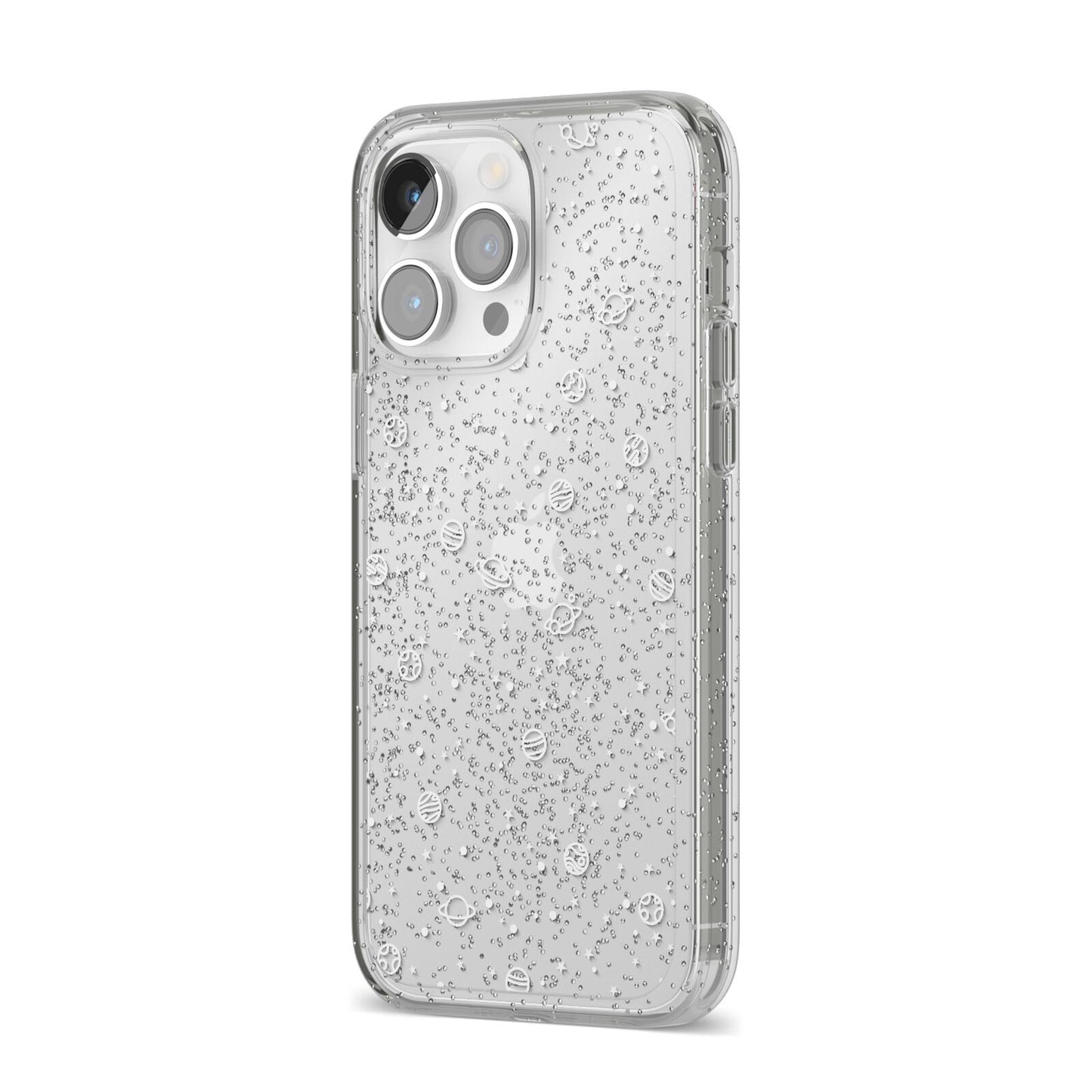 White Planets iPhone 14 Pro Max Glitter Tough Case Silver Angled Image