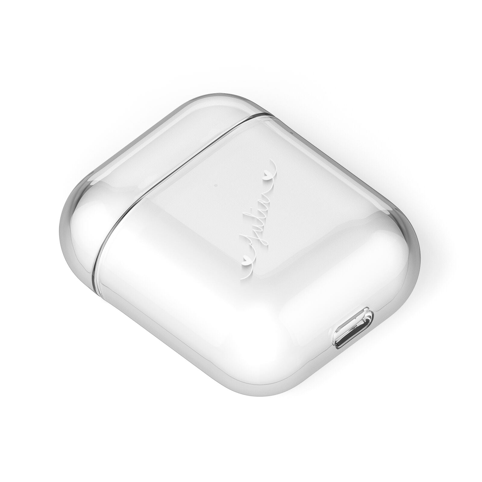 White Sloped Handwritten Name AirPods Case Laid Flat