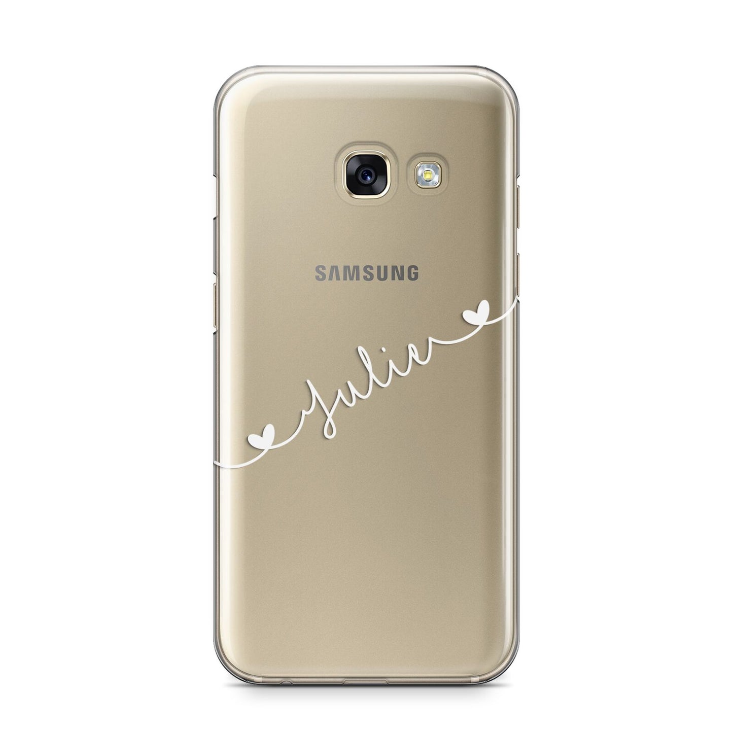 White Sloped Handwritten Name Samsung Galaxy A3 2017 Case on gold phone