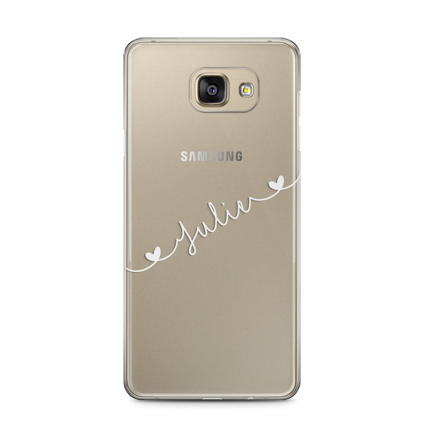 White Sloped Handwritten Name Samsung Galaxy A5 2016 Case on gold phone