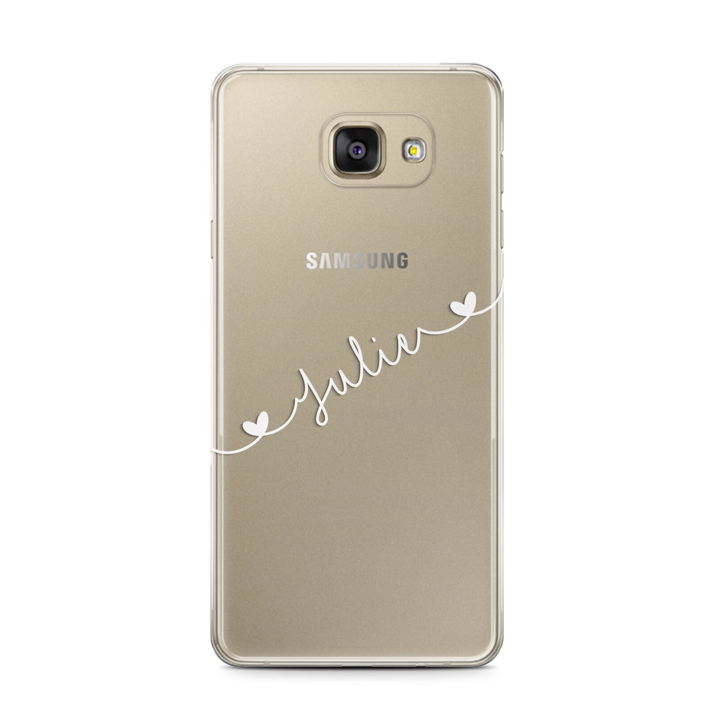 White Sloped Handwritten Name Samsung Galaxy A7 2016 Case on gold phone