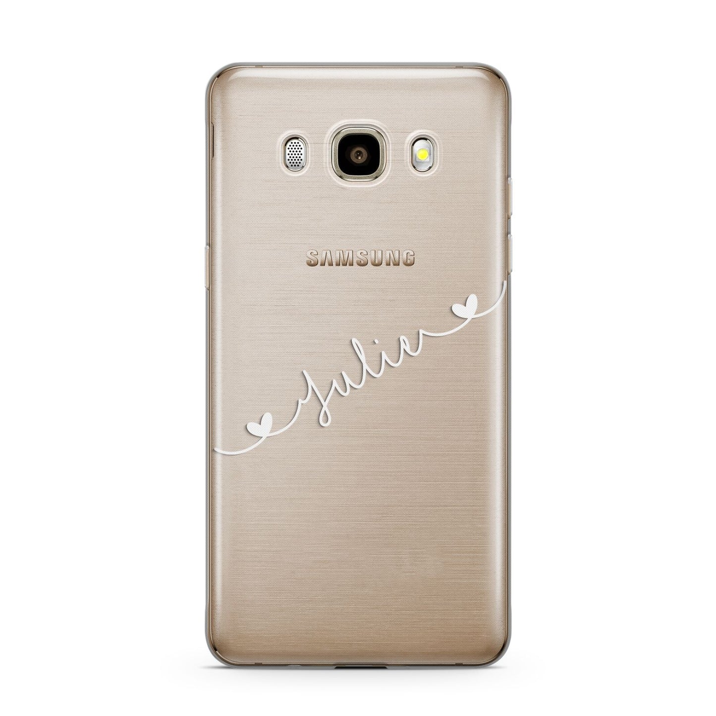 White Sloped Handwritten Name Samsung Galaxy J7 2016 Case on gold phone