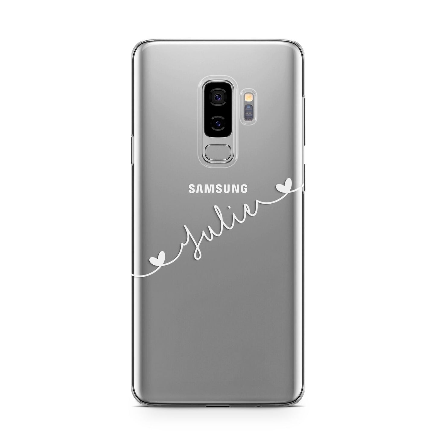 White Sloped Handwritten Name Samsung Galaxy S9 Plus Case on Silver phone