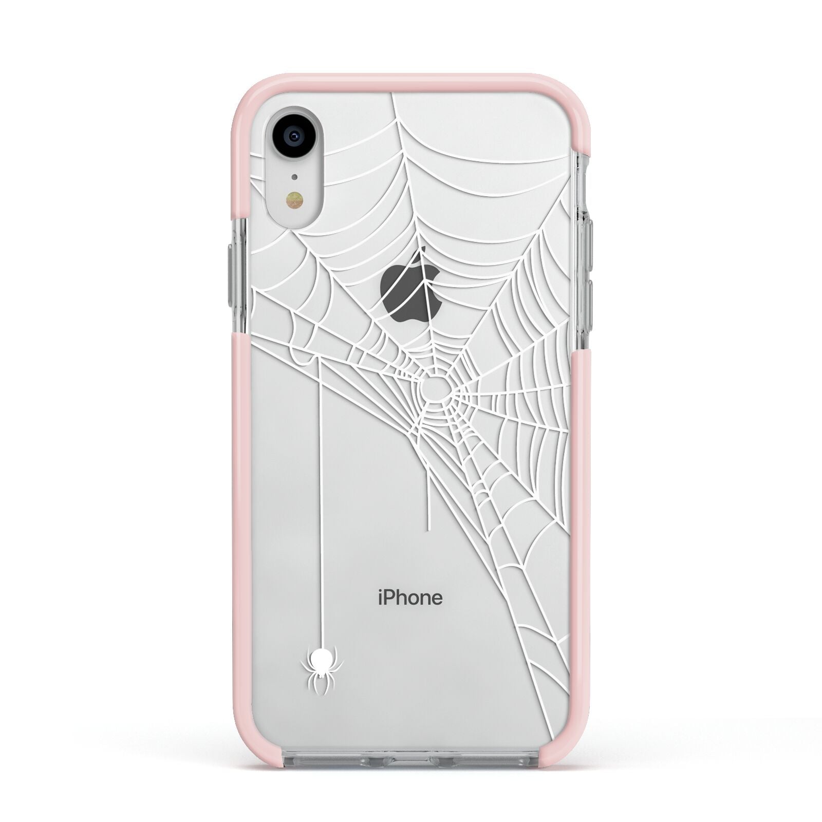 White Spiders Web with Transparent Background Apple iPhone XR Impact Case Pink Edge on Silver Phone