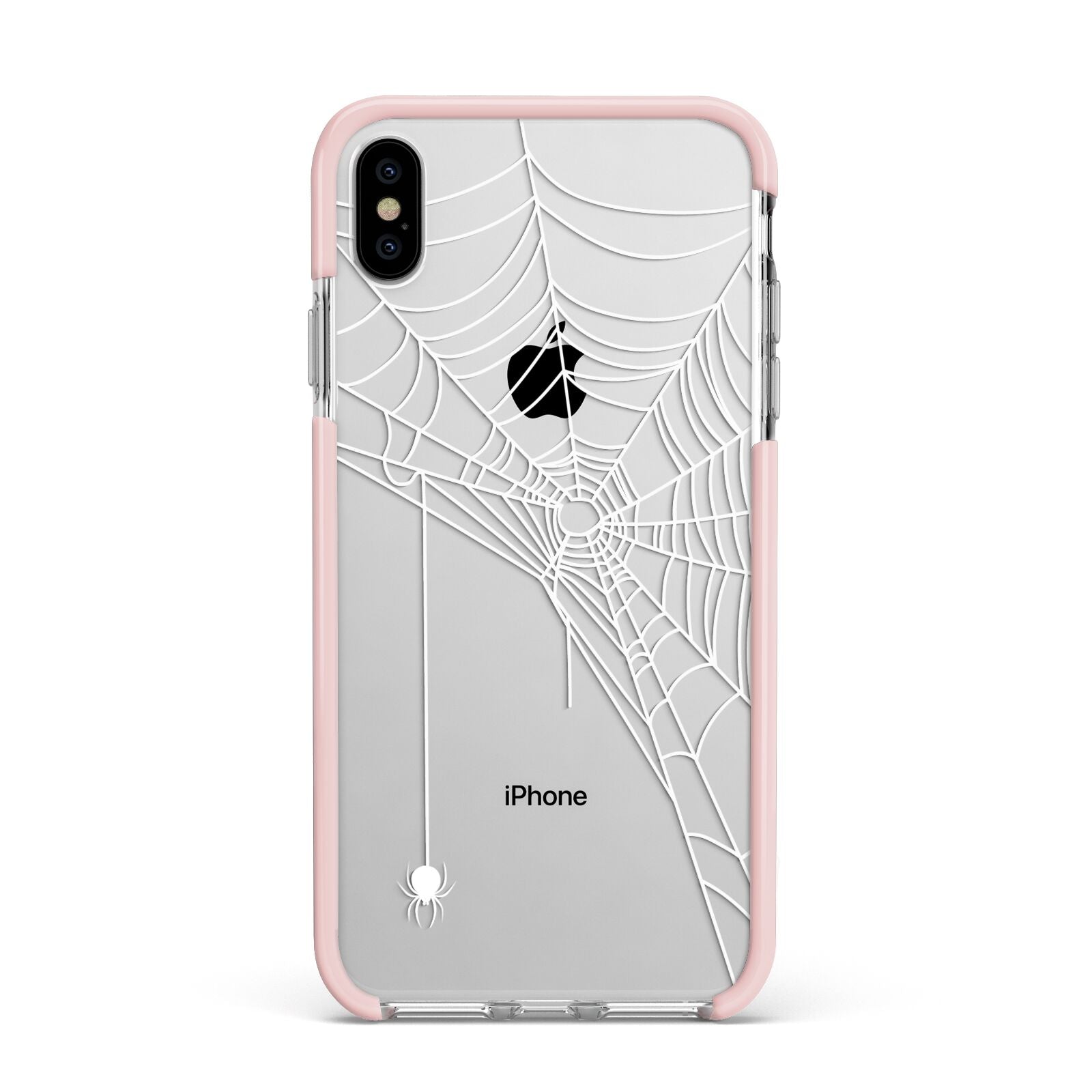 White Spiders Web with Transparent Background Apple iPhone Xs Max Impact Case Pink Edge on Silver Phone