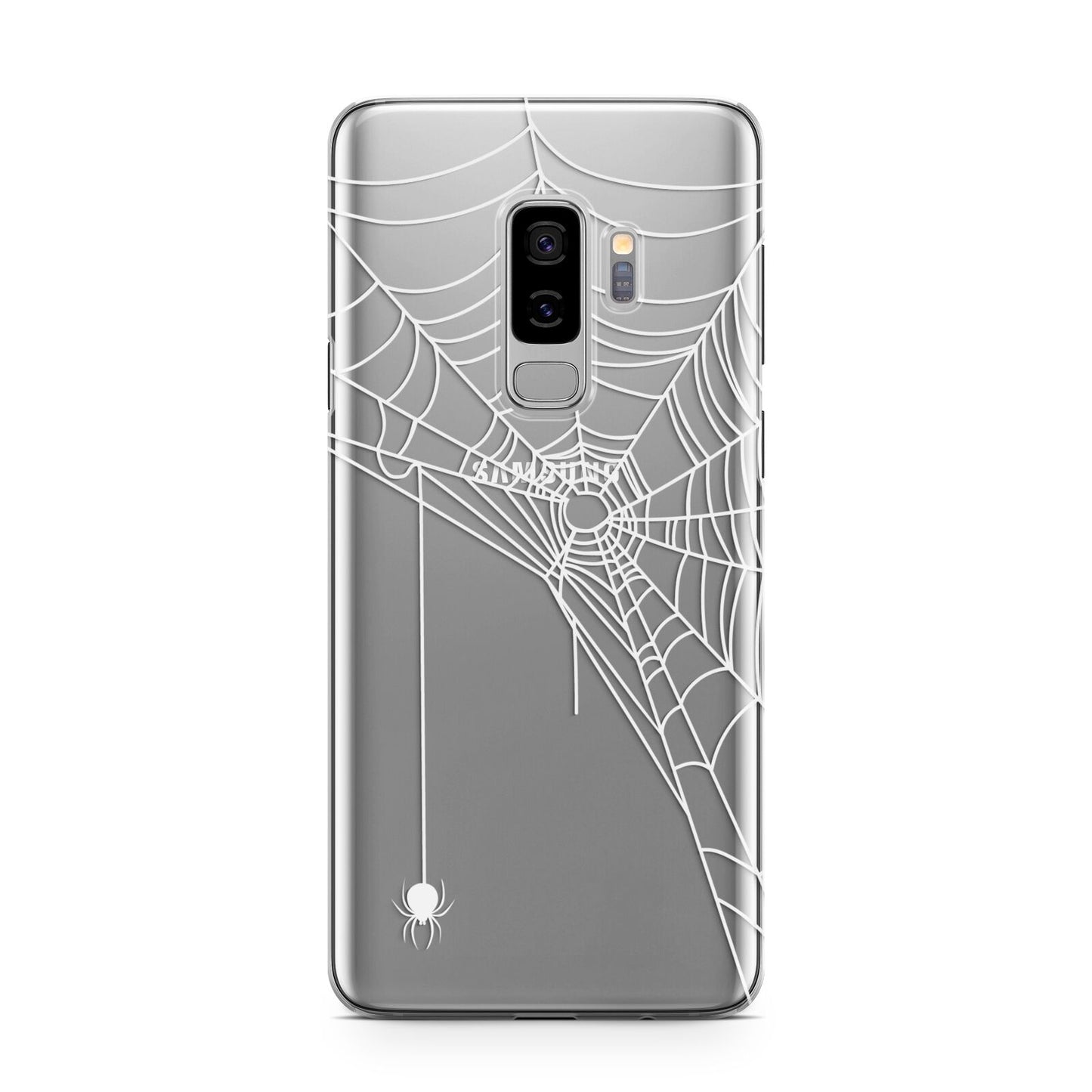 White Spiders Web with Transparent Background Samsung Galaxy S9 Plus Case on Silver phone