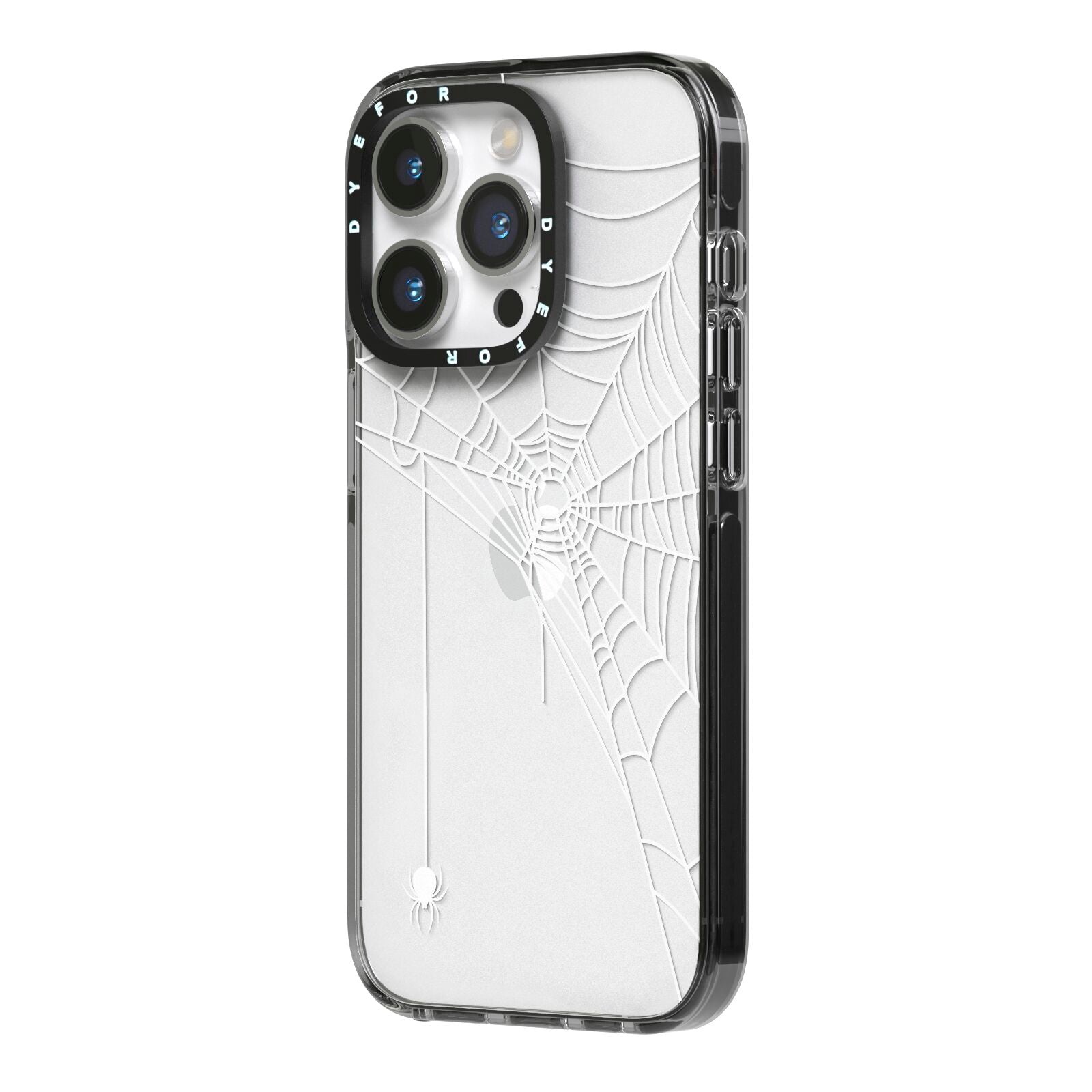 White Spiders Web with Transparent Background iPhone 14 Pro Black Impact Case Side Angle on Silver phone