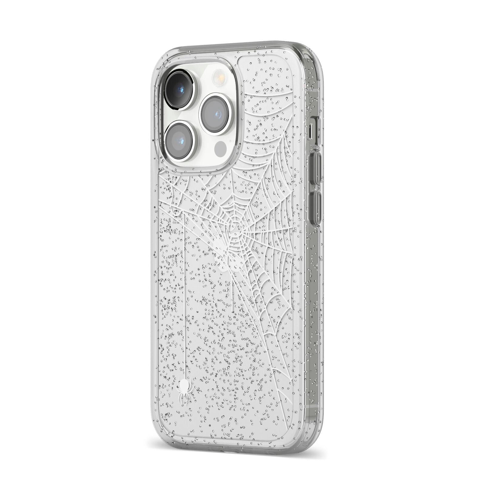 White Spiders Web with Transparent Background iPhone 14 Pro Glitter Tough Case Silver Angled Image