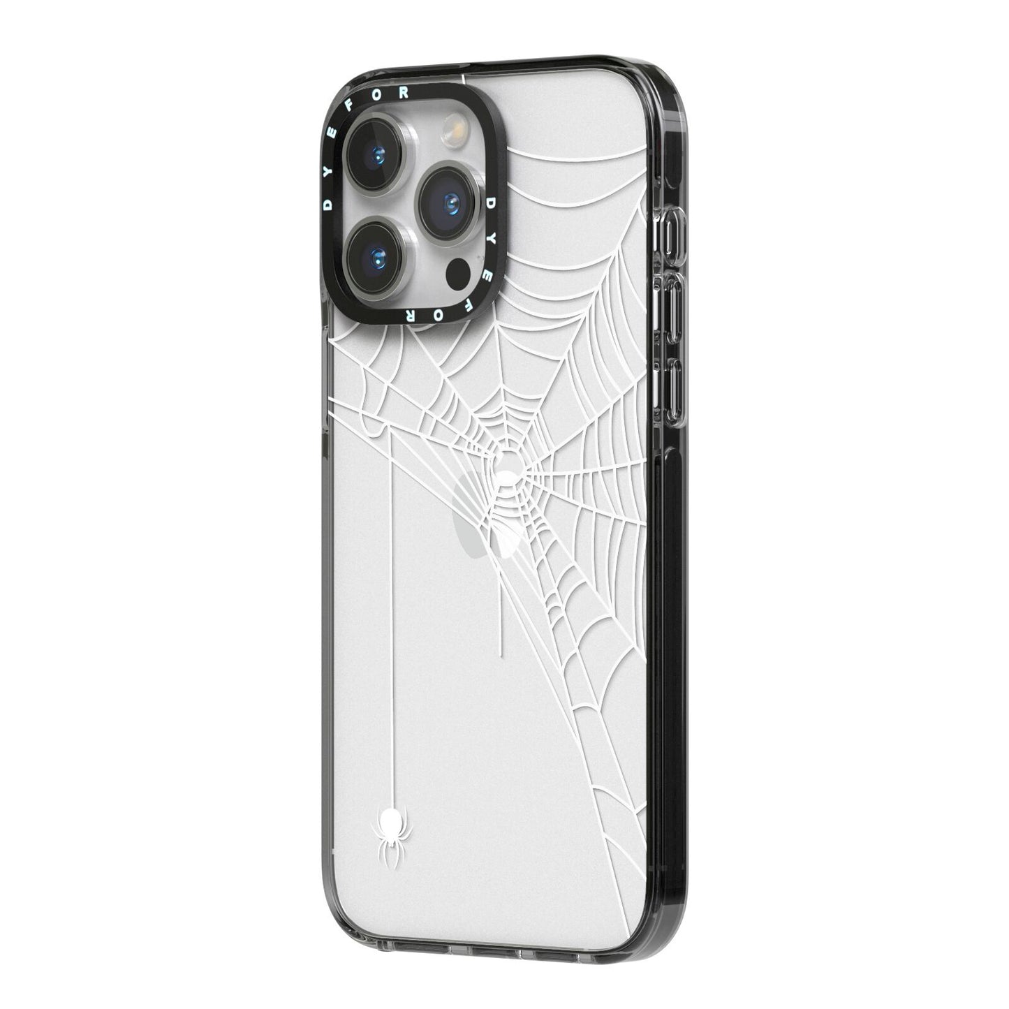 White Spiders Web with Transparent Background iPhone 14 Pro Max Black Impact Case Side Angle on Silver phone