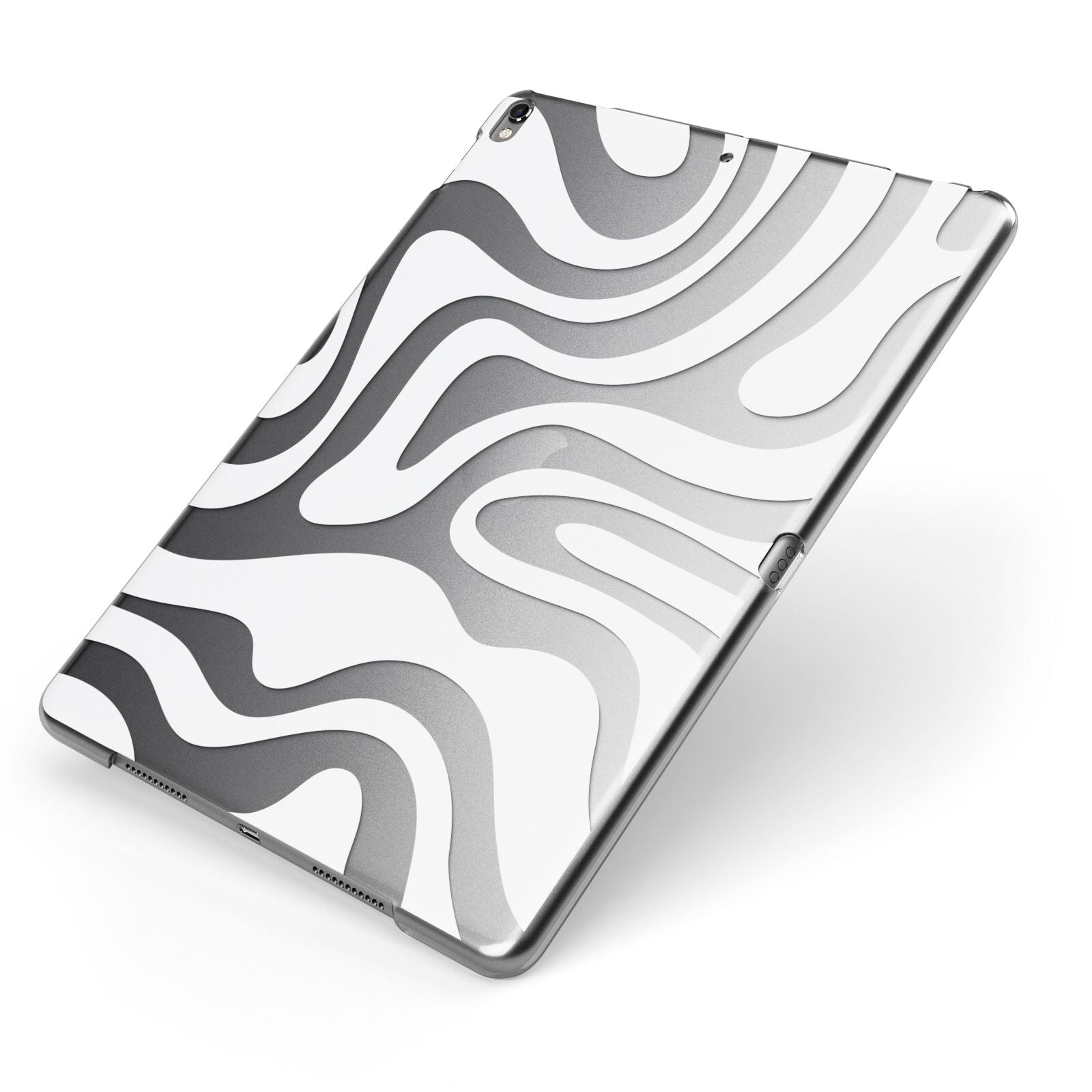 White Swirl Apple iPad Case on Grey iPad Side View