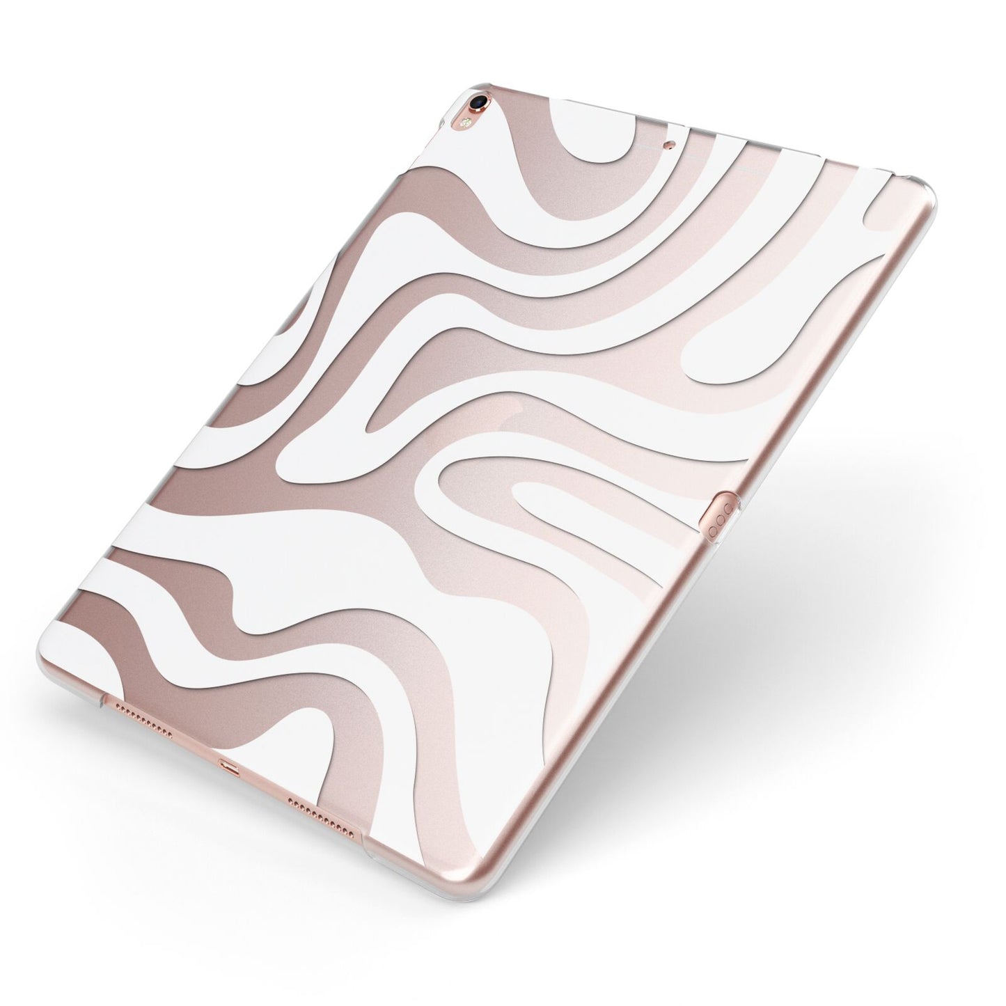 White Swirl Apple iPad Case on Rose Gold iPad Side View