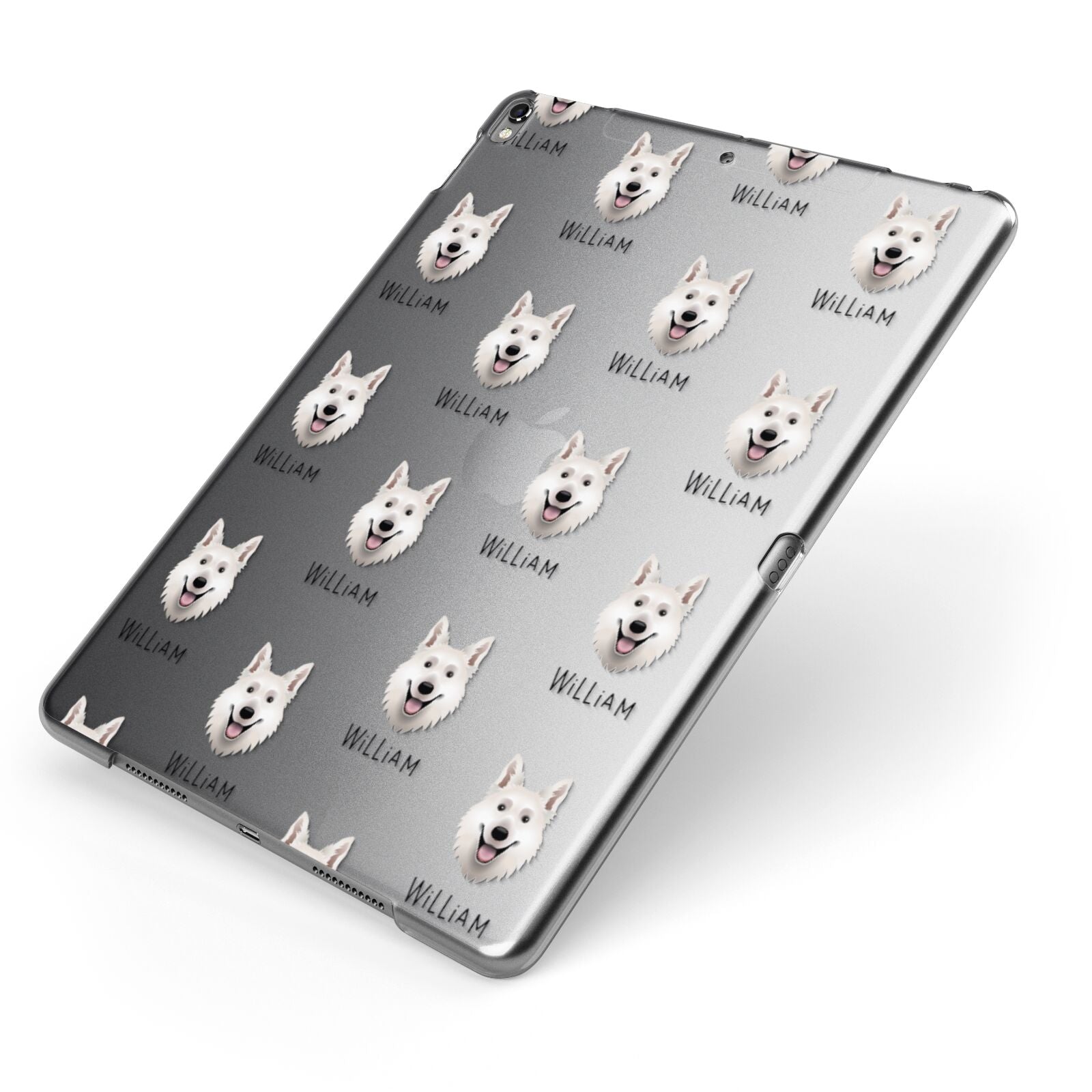 White Swiss Shepherd Dog Icon with Name Apple iPad Case on Grey iPad Side View