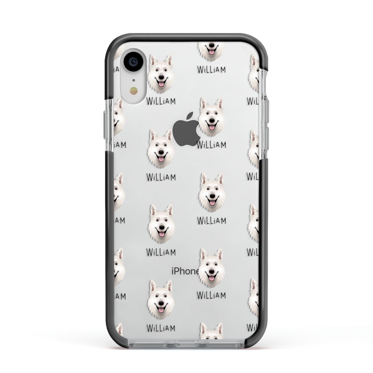 White Swiss Shepherd Dog Icon with Name Apple iPhone XR Impact Case Black Edge on Silver Phone