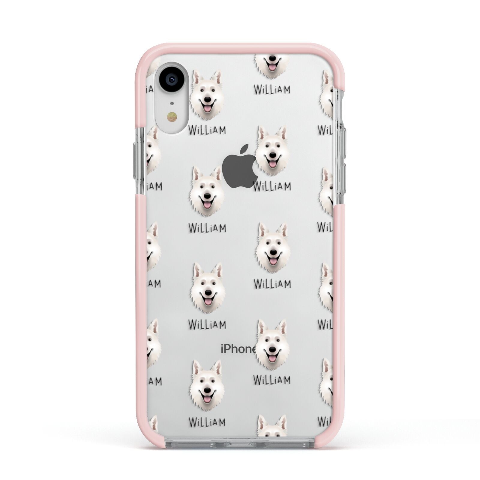 White Swiss Shepherd Dog Icon with Name Apple iPhone XR Impact Case Pink Edge on Silver Phone