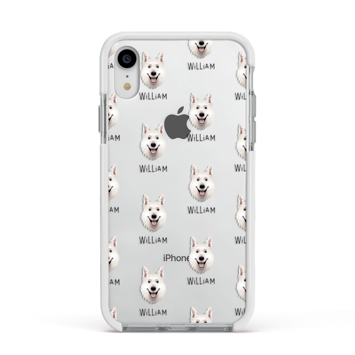 White Swiss Shepherd Dog Icon with Name Apple iPhone XR Impact Case White Edge on Silver Phone