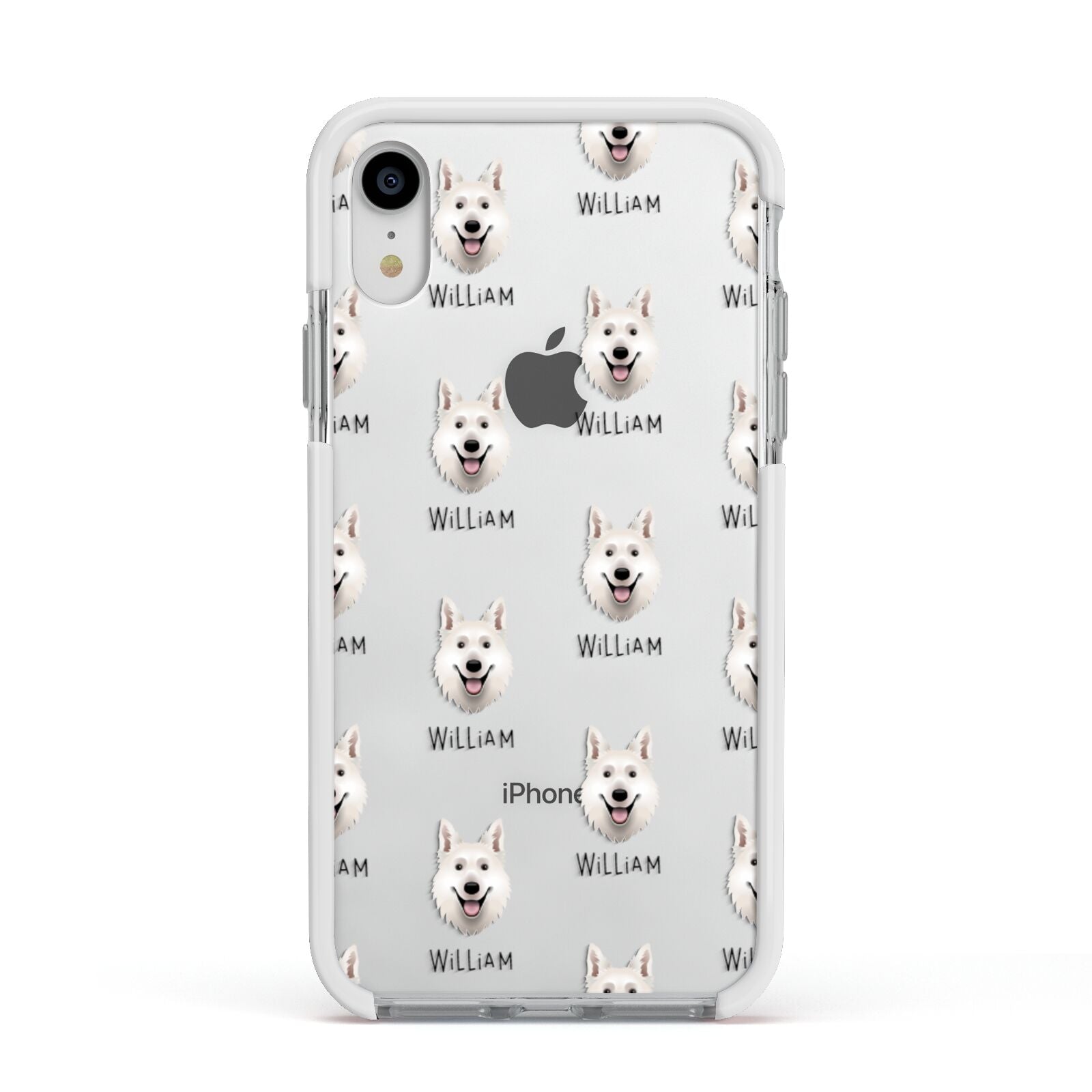 White Swiss Shepherd Dog Icon with Name Apple iPhone XR Impact Case White Edge on Silver Phone