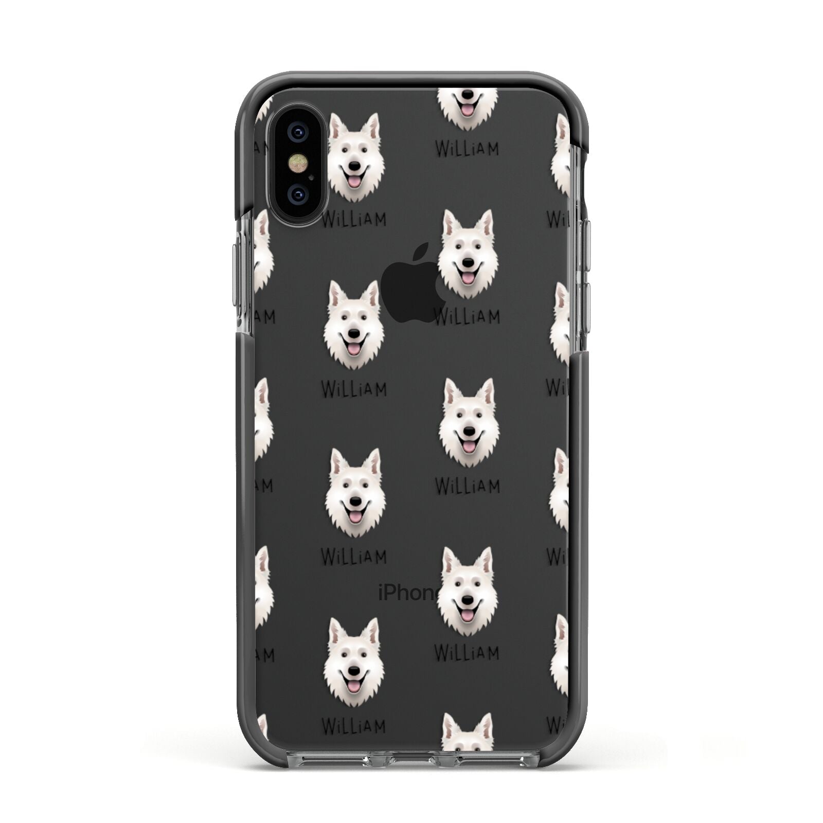 White Swiss Shepherd Dog Icon with Name Apple iPhone Xs Impact Case Black Edge on Black Phone