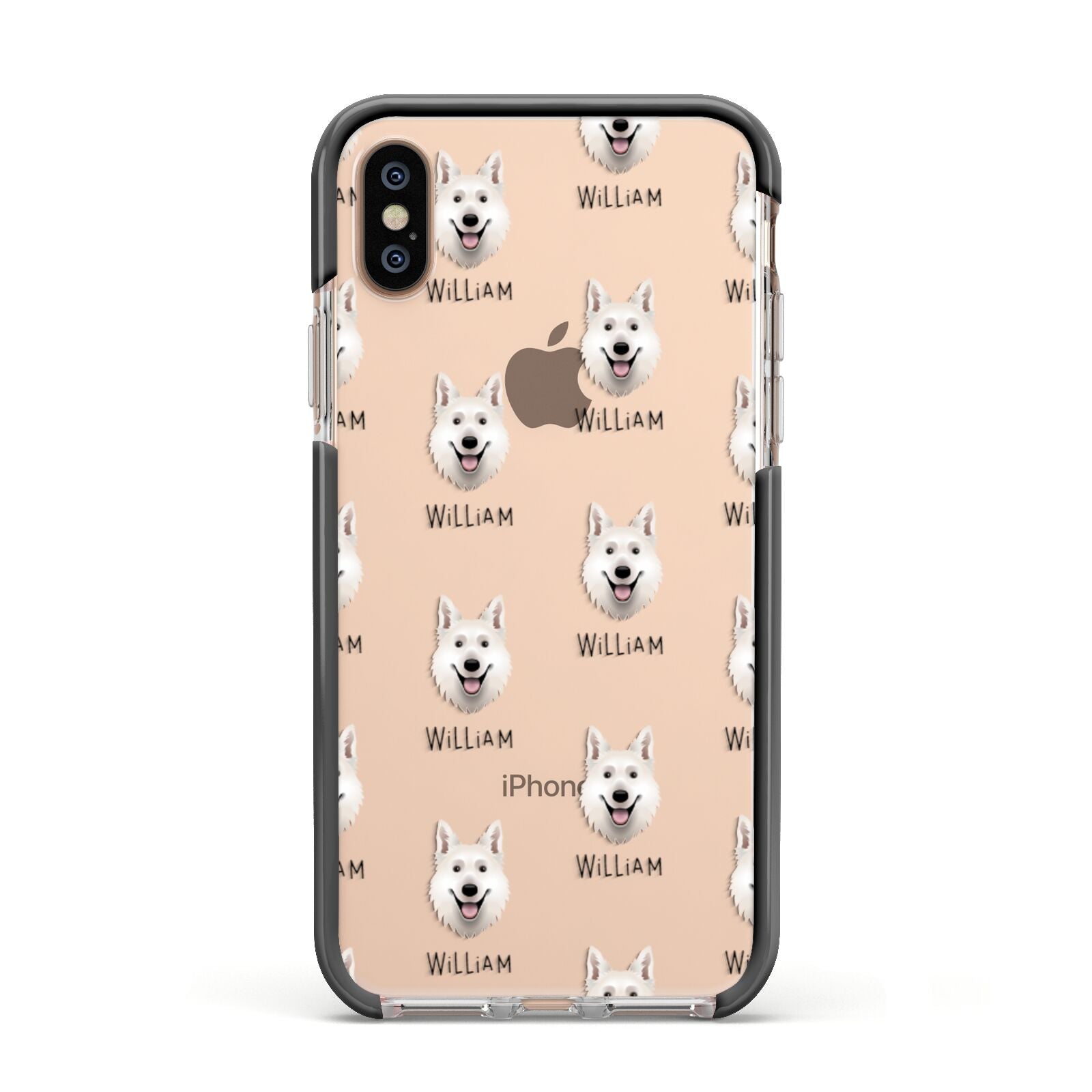 White Swiss Shepherd Dog Icon with Name Apple iPhone Xs Impact Case Black Edge on Gold Phone