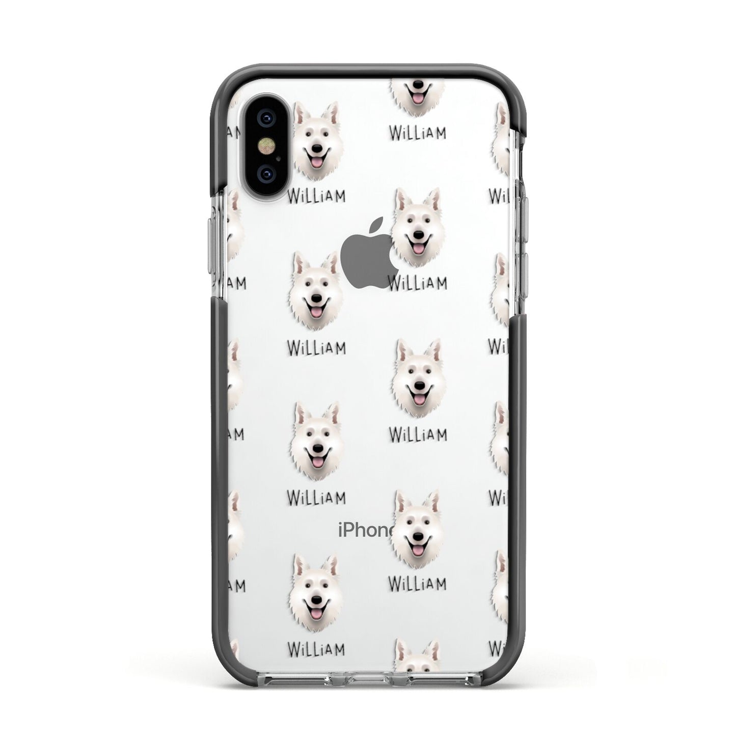 White Swiss Shepherd Dog Icon with Name Apple iPhone Xs Impact Case Black Edge on Silver Phone