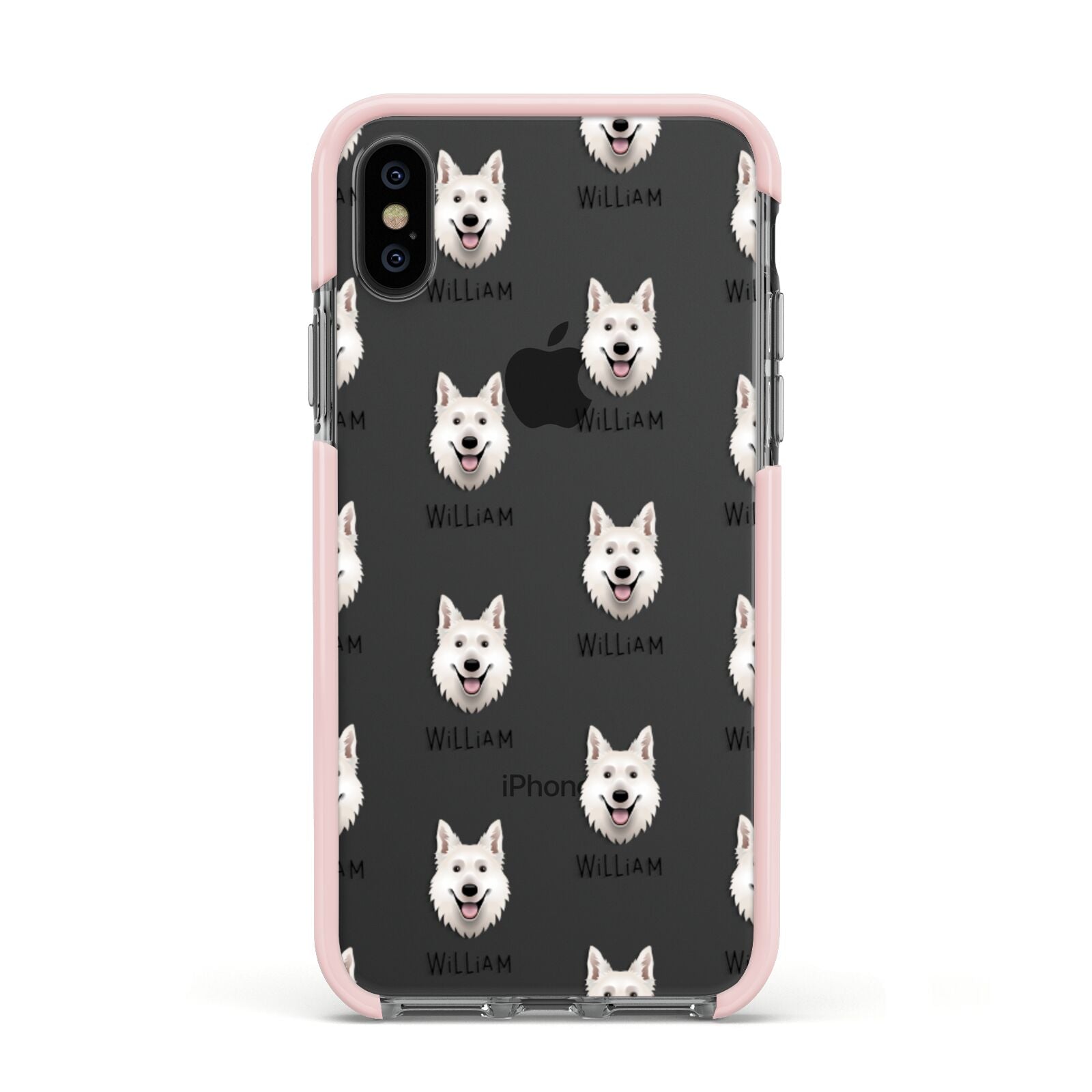 White Swiss Shepherd Dog Icon with Name Apple iPhone Xs Impact Case Pink Edge on Black Phone