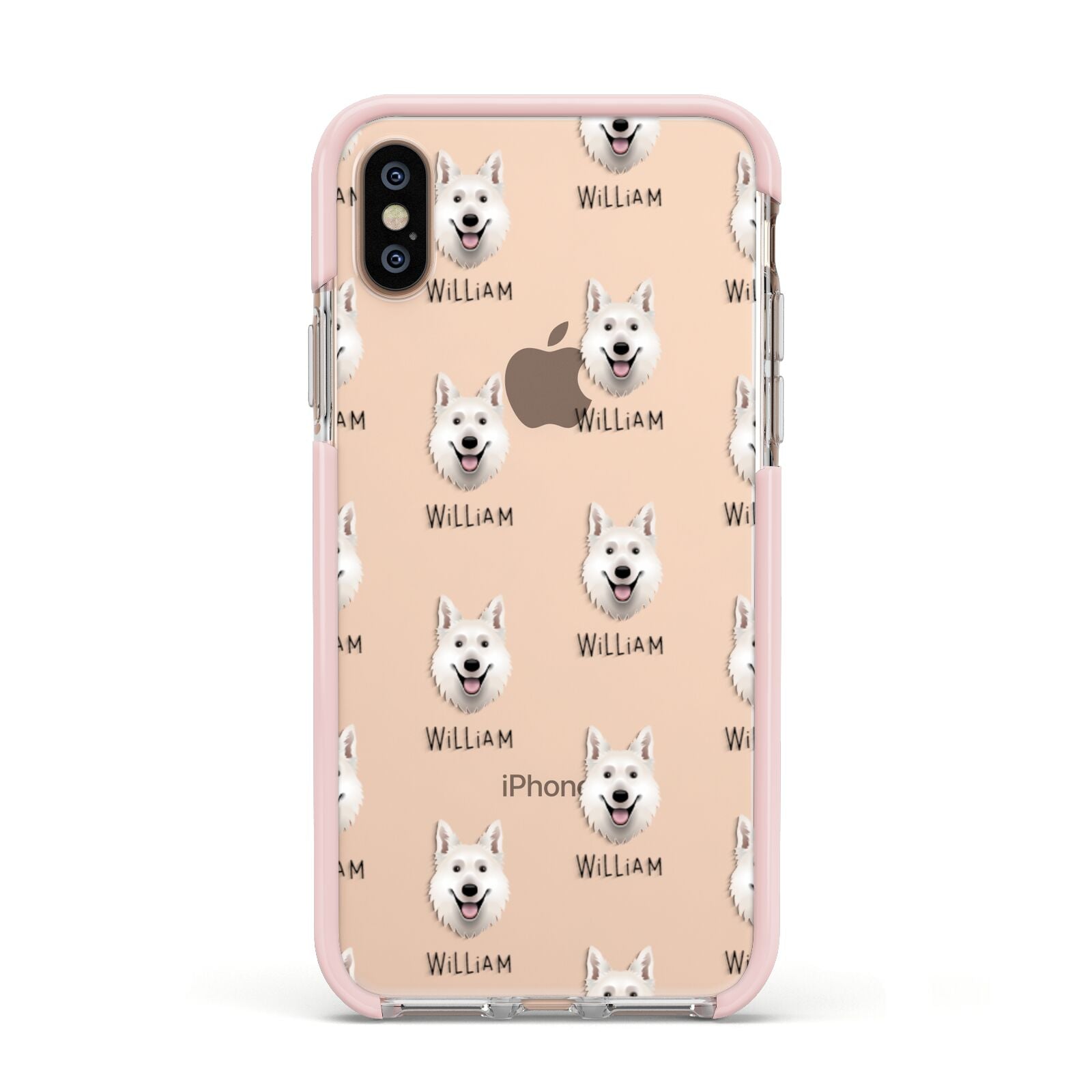 White Swiss Shepherd Dog Icon with Name Apple iPhone Xs Impact Case Pink Edge on Gold Phone