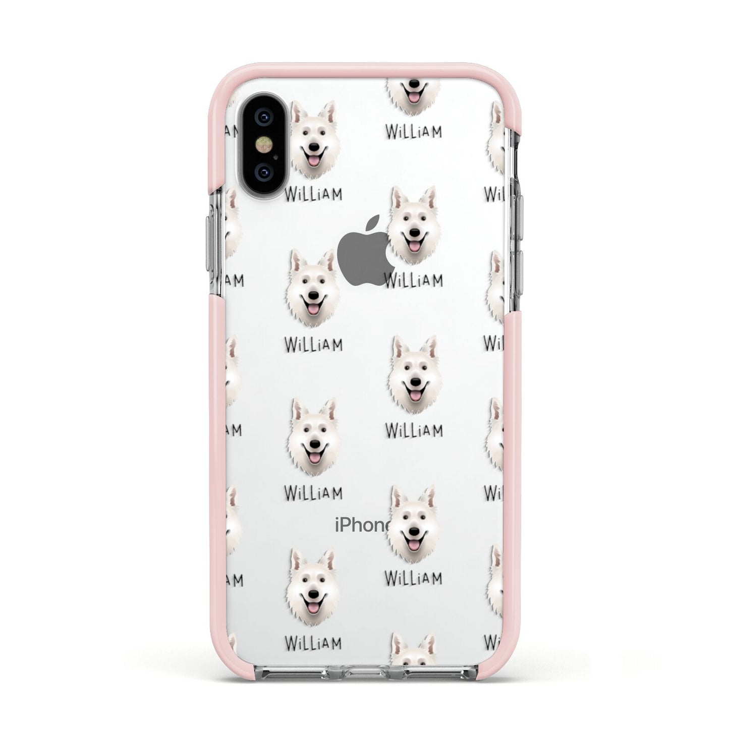 White Swiss Shepherd Dog Icon with Name Apple iPhone Xs Impact Case Pink Edge on Silver Phone