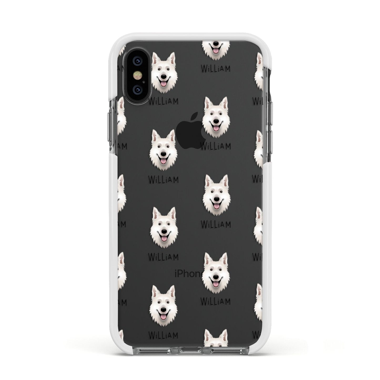 White Swiss Shepherd Dog Icon with Name Apple iPhone Xs Impact Case White Edge on Black Phone