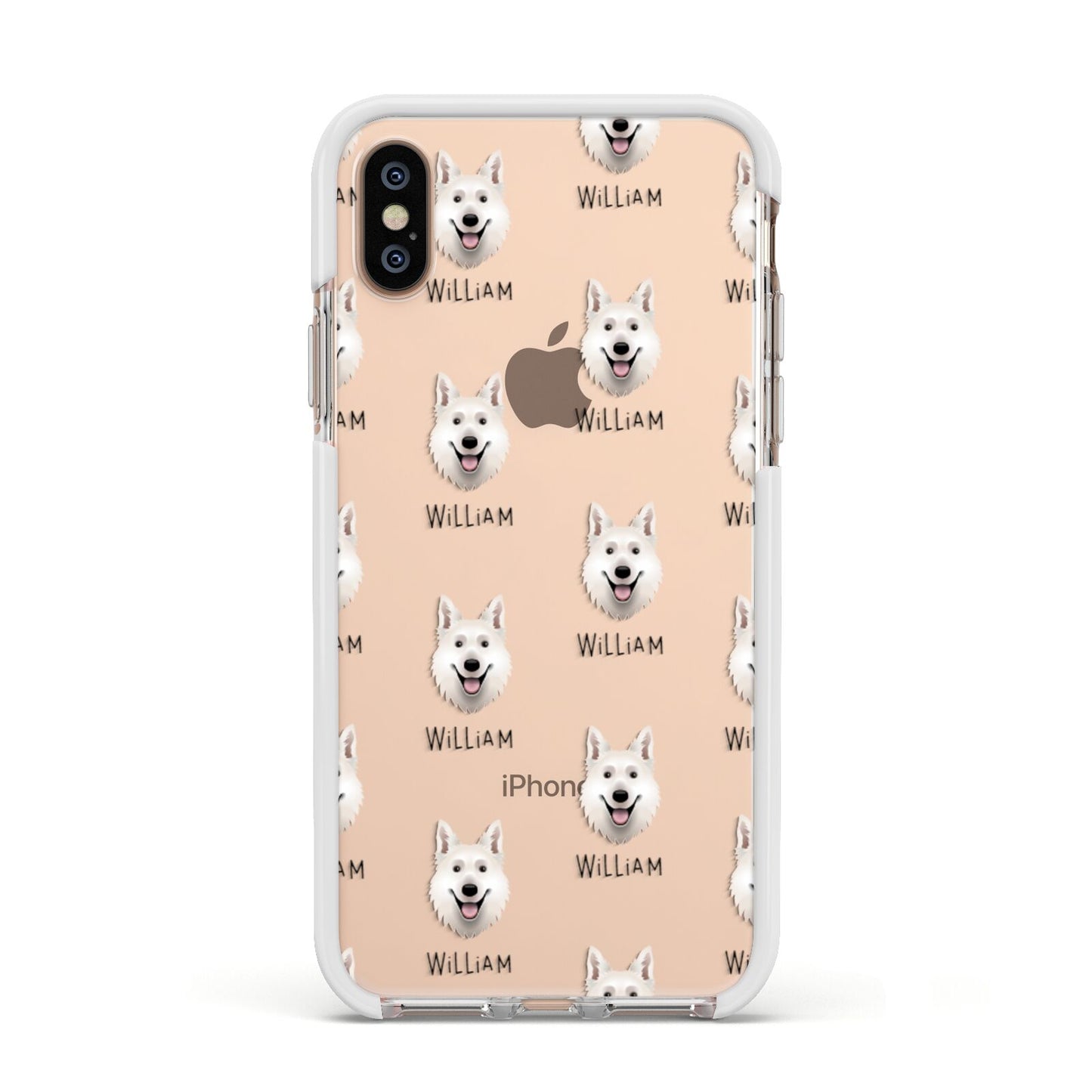 White Swiss Shepherd Dog Icon with Name Apple iPhone Xs Impact Case White Edge on Gold Phone