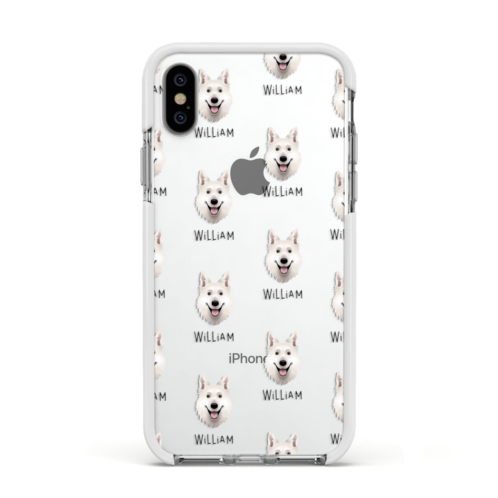 White Swiss Shepherd Dog Icon with Name Apple iPhone Xs Impact Case White Edge on Silver Phone