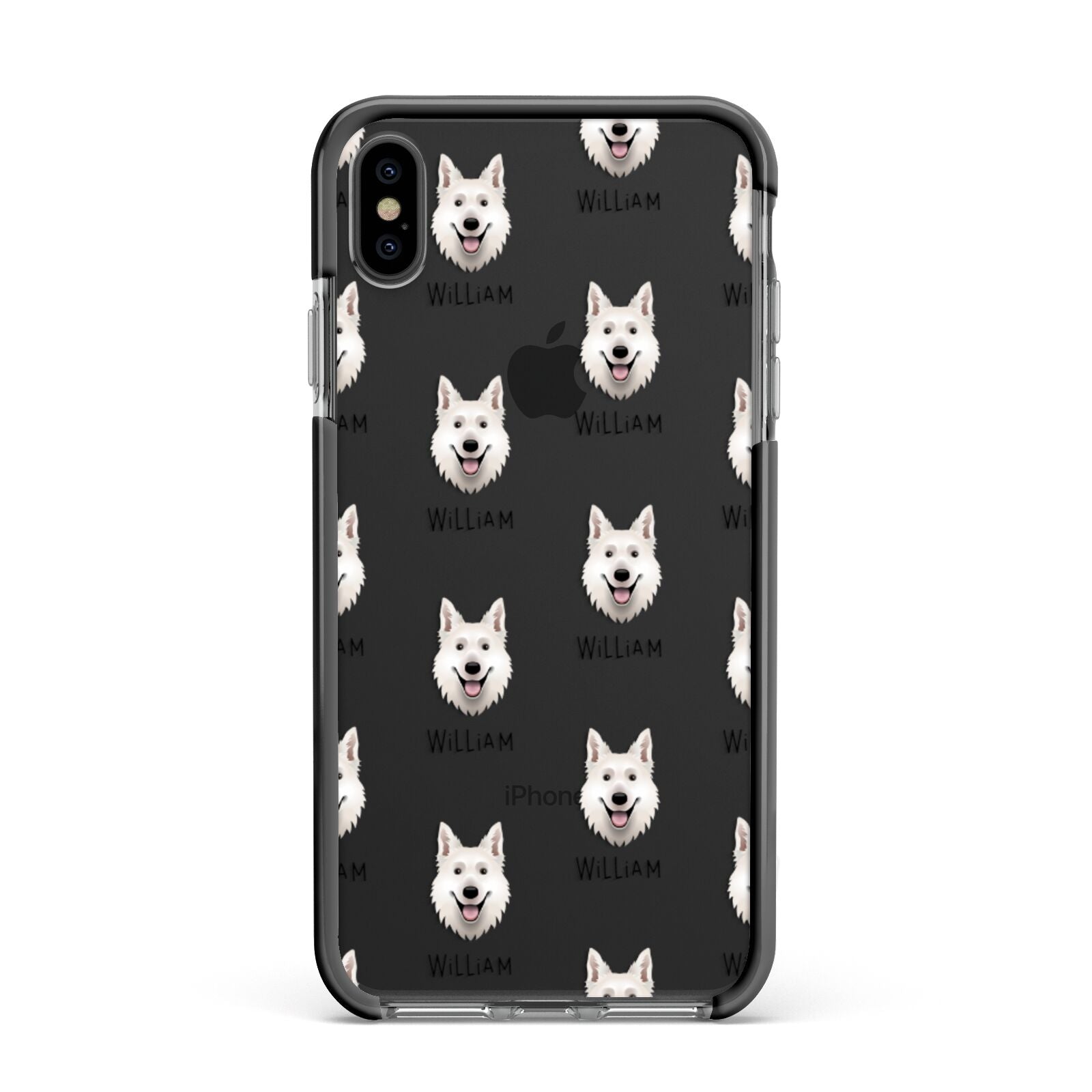 White Swiss Shepherd Dog Icon with Name Apple iPhone Xs Max Impact Case Black Edge on Black Phone