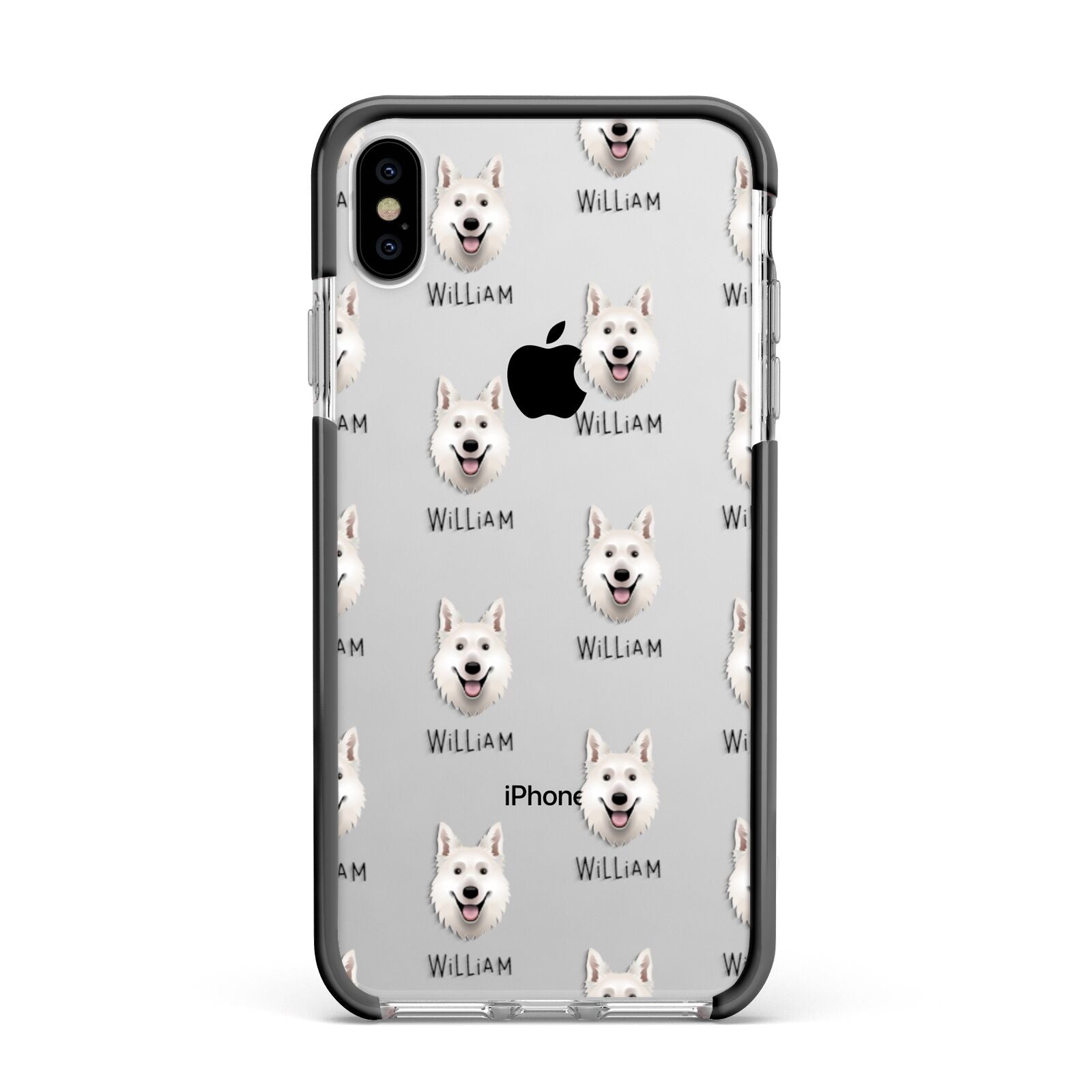 White Swiss Shepherd Dog Icon with Name Apple iPhone Xs Max Impact Case Black Edge on Silver Phone