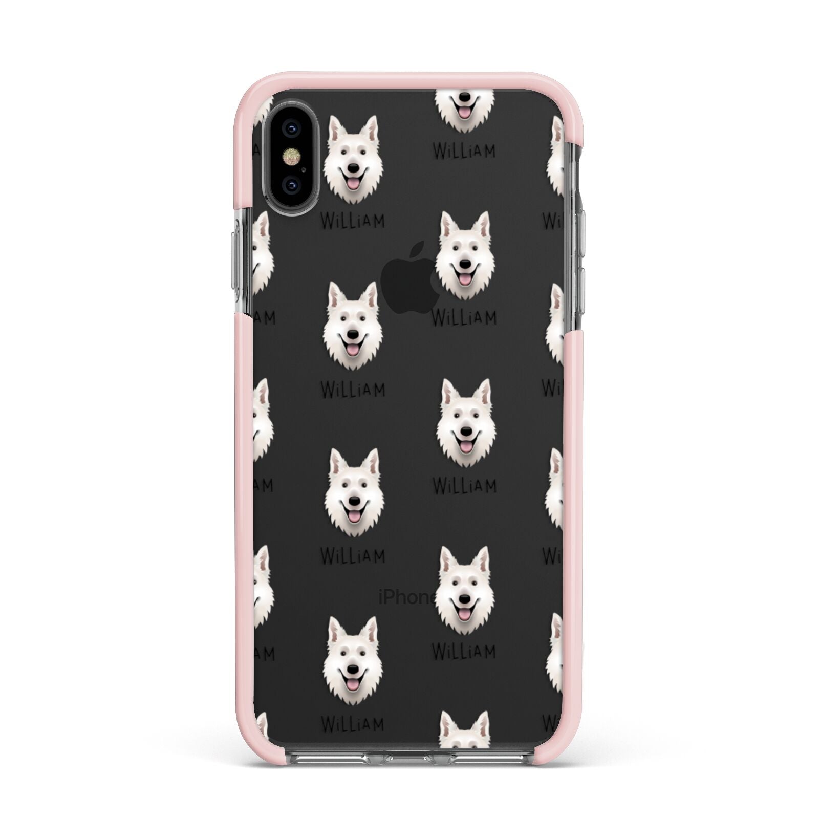 White Swiss Shepherd Dog Icon with Name Apple iPhone Xs Max Impact Case Pink Edge on Black Phone