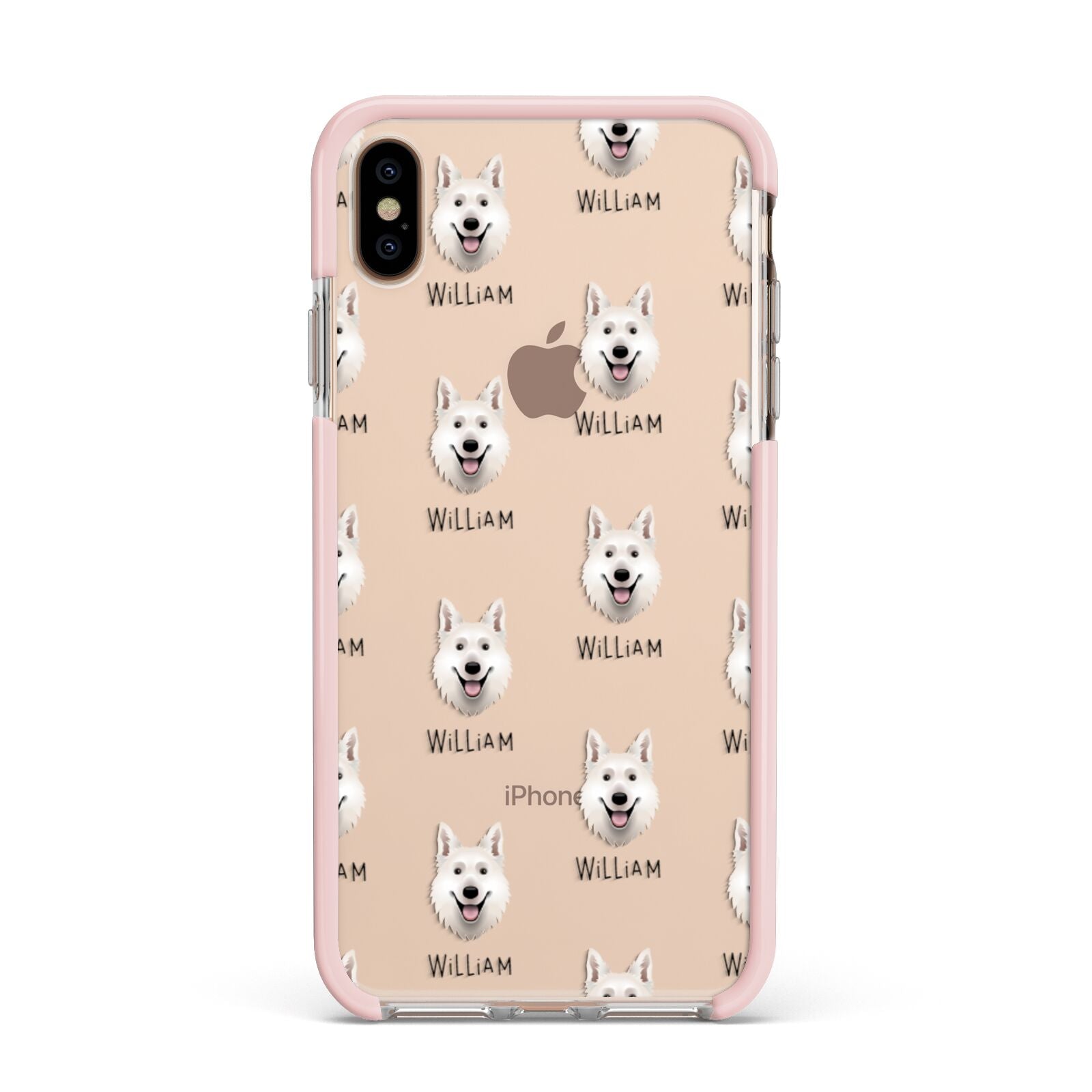 White Swiss Shepherd Dog Icon with Name Apple iPhone Xs Max Impact Case Pink Edge on Gold Phone