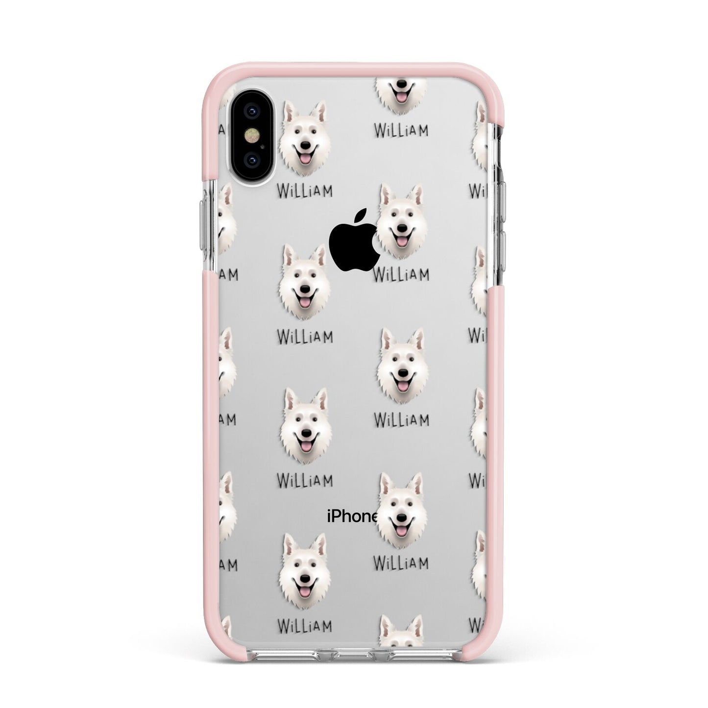 White Swiss Shepherd Dog Icon with Name Apple iPhone Xs Max Impact Case Pink Edge on Silver Phone