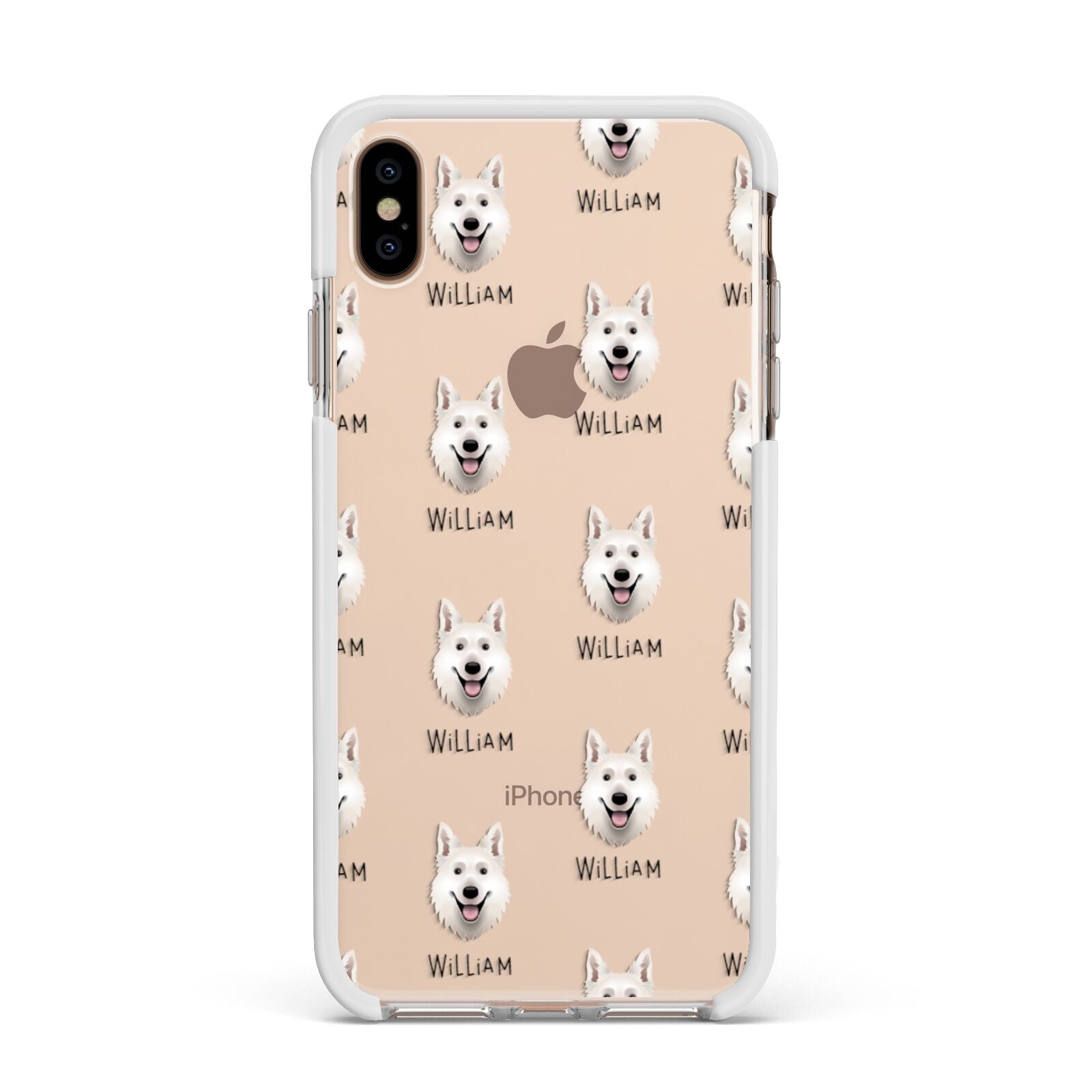 White Swiss Shepherd Dog Icon with Name Apple iPhone Xs Max Impact Case White Edge on Gold Phone