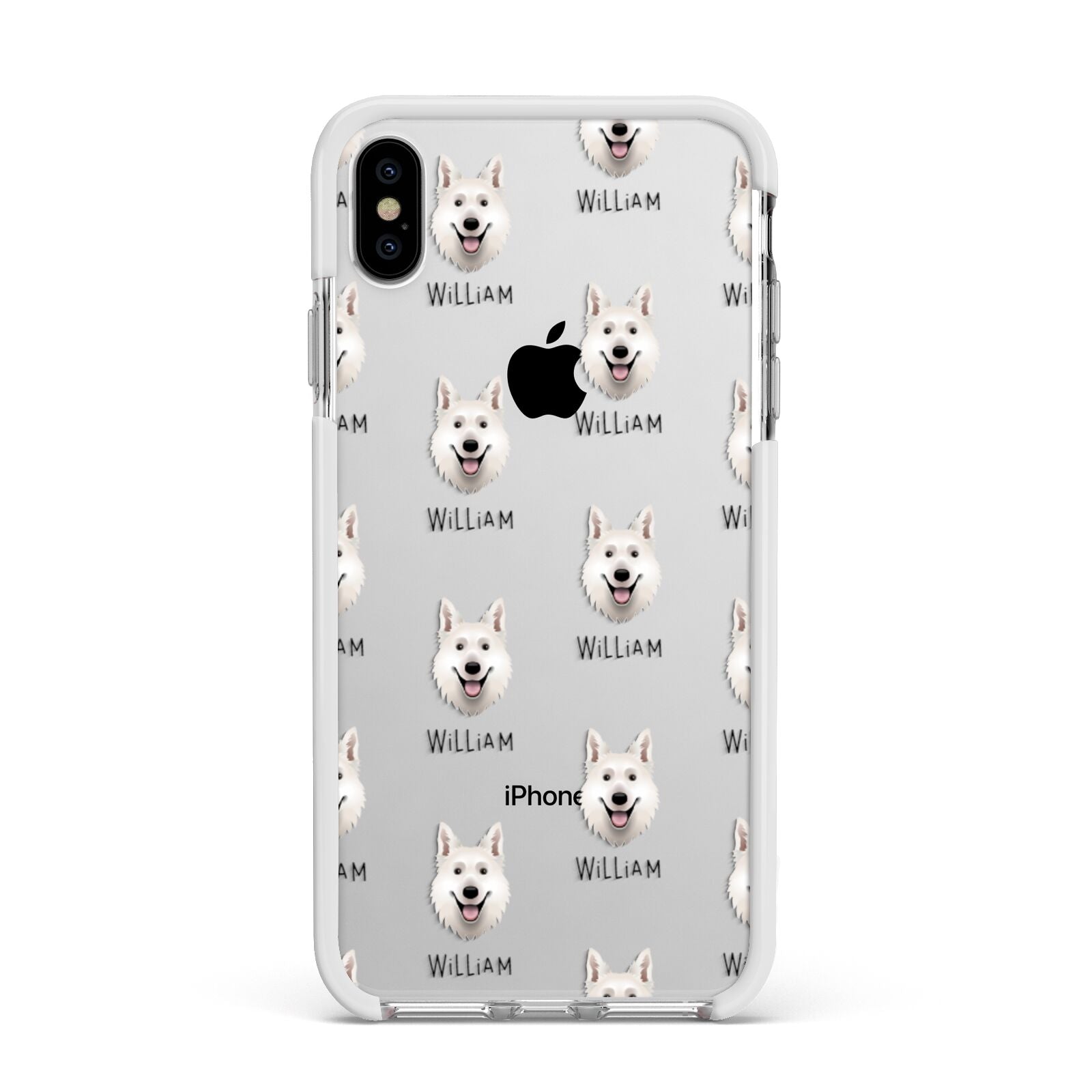 White Swiss Shepherd Dog Icon with Name Apple iPhone Xs Max Impact Case White Edge on Silver Phone