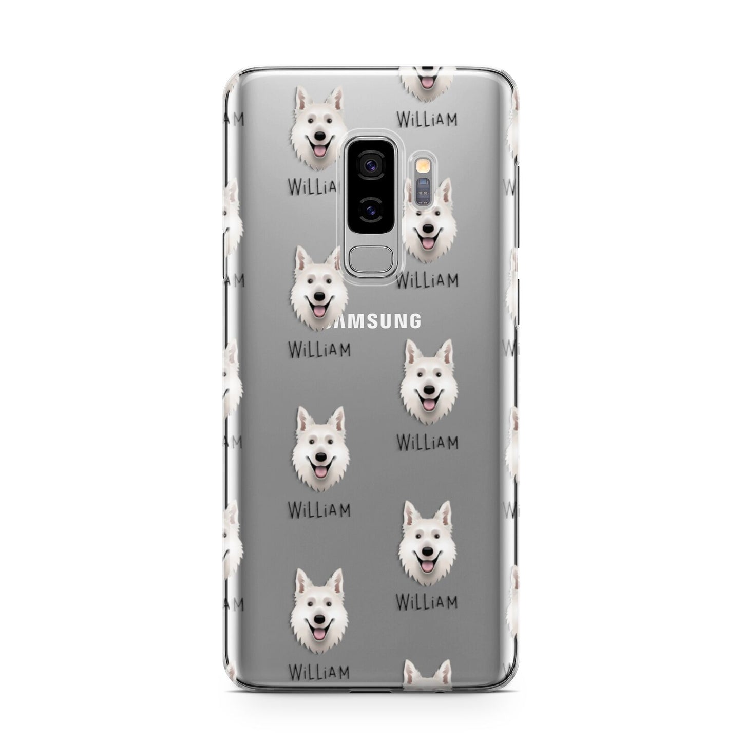 White Swiss Shepherd Dog Icon with Name Samsung Galaxy S9 Plus Case on Silver phone