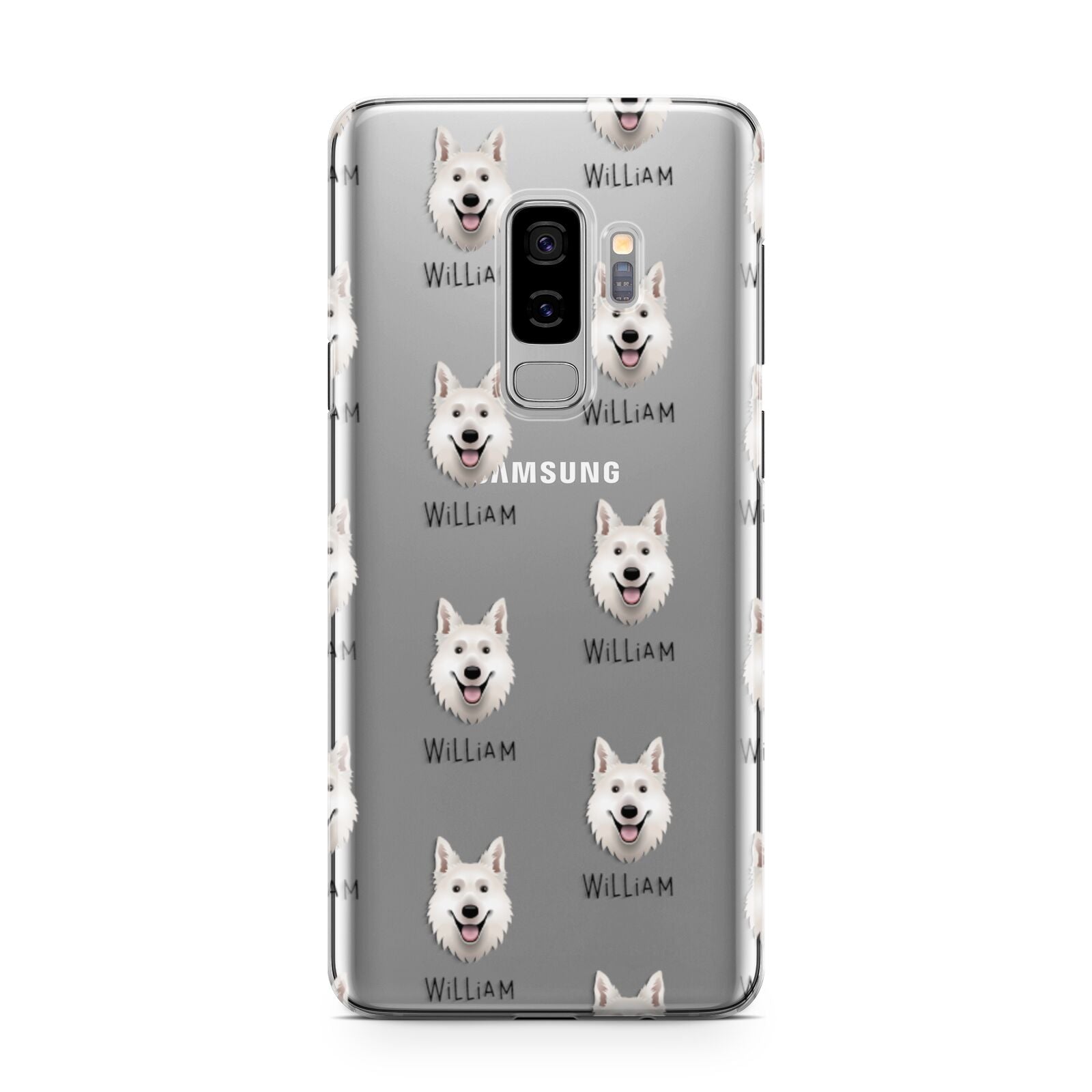 White Swiss Shepherd Dog Icon with Name Samsung Galaxy S9 Plus Case on Silver phone
