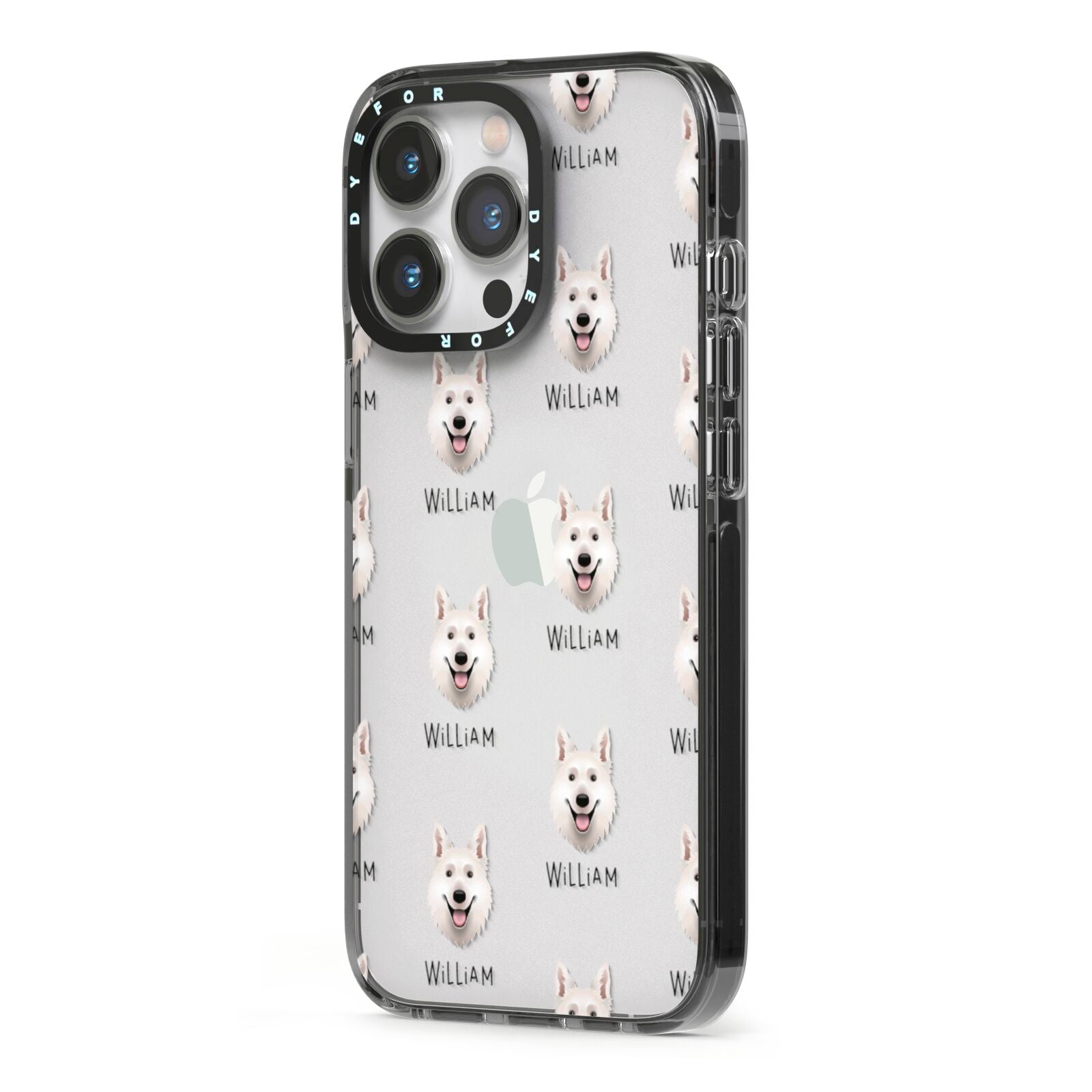 White Swiss Shepherd Dog Icon with Name iPhone 13 Pro Black Impact Case Side Angle on Silver phone