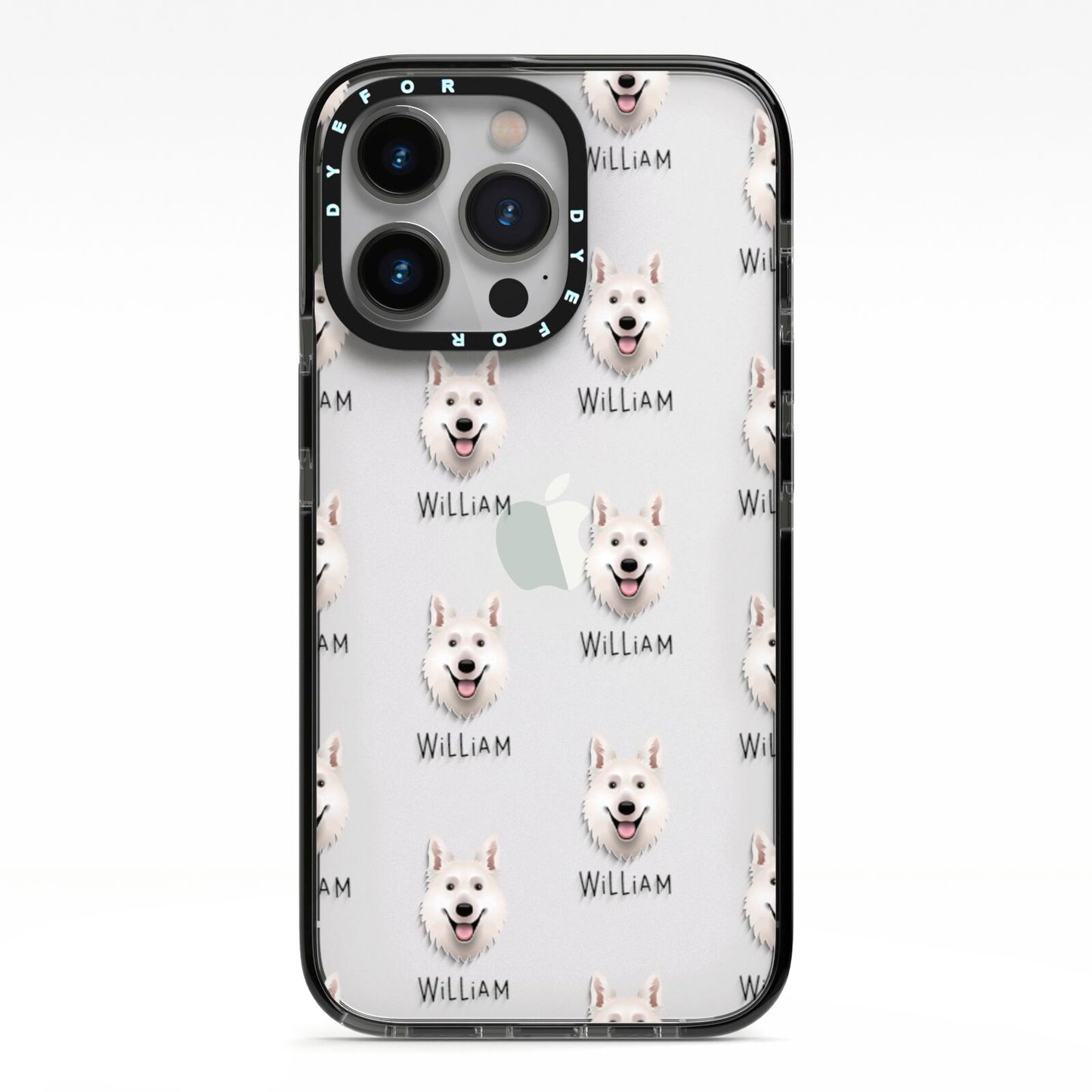 White Swiss Shepherd Dog Icon with Name iPhone 13 Pro Black Impact Case on Silver phone