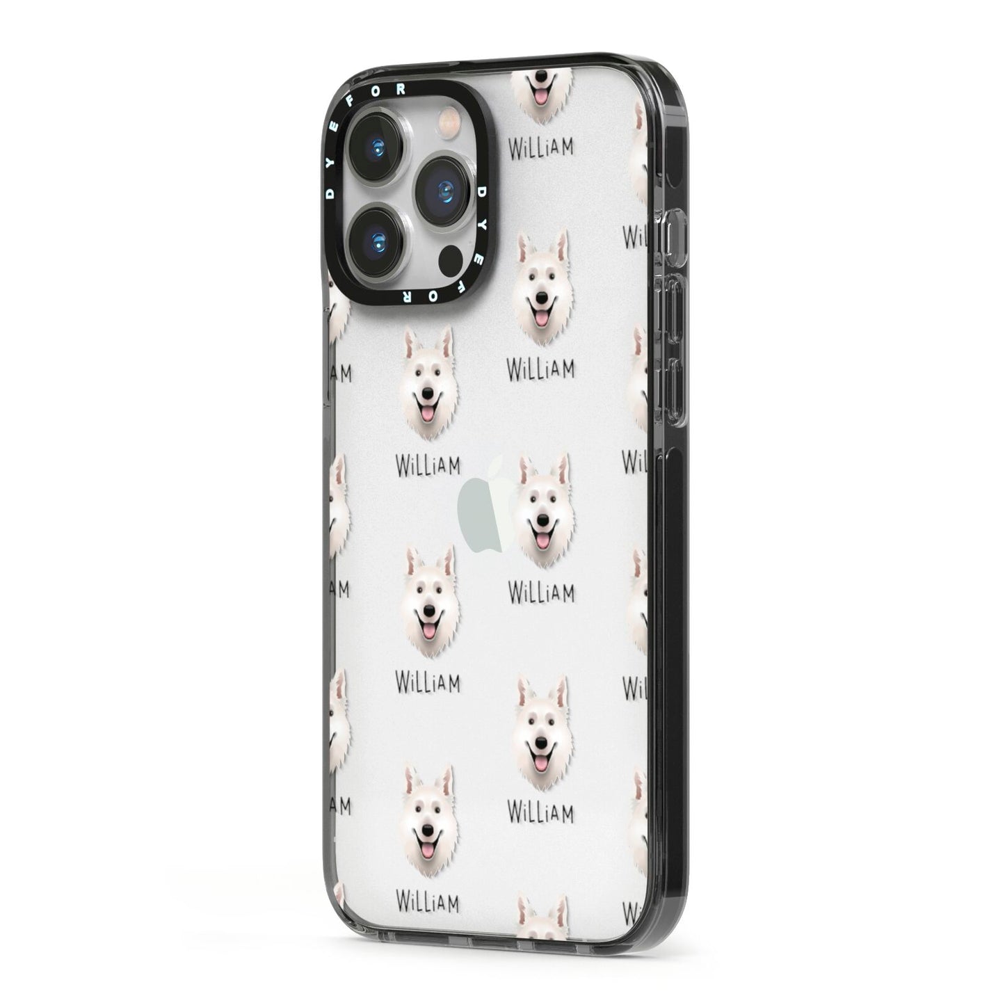 White Swiss Shepherd Dog Icon with Name iPhone 13 Pro Max Black Impact Case Side Angle on Silver phone