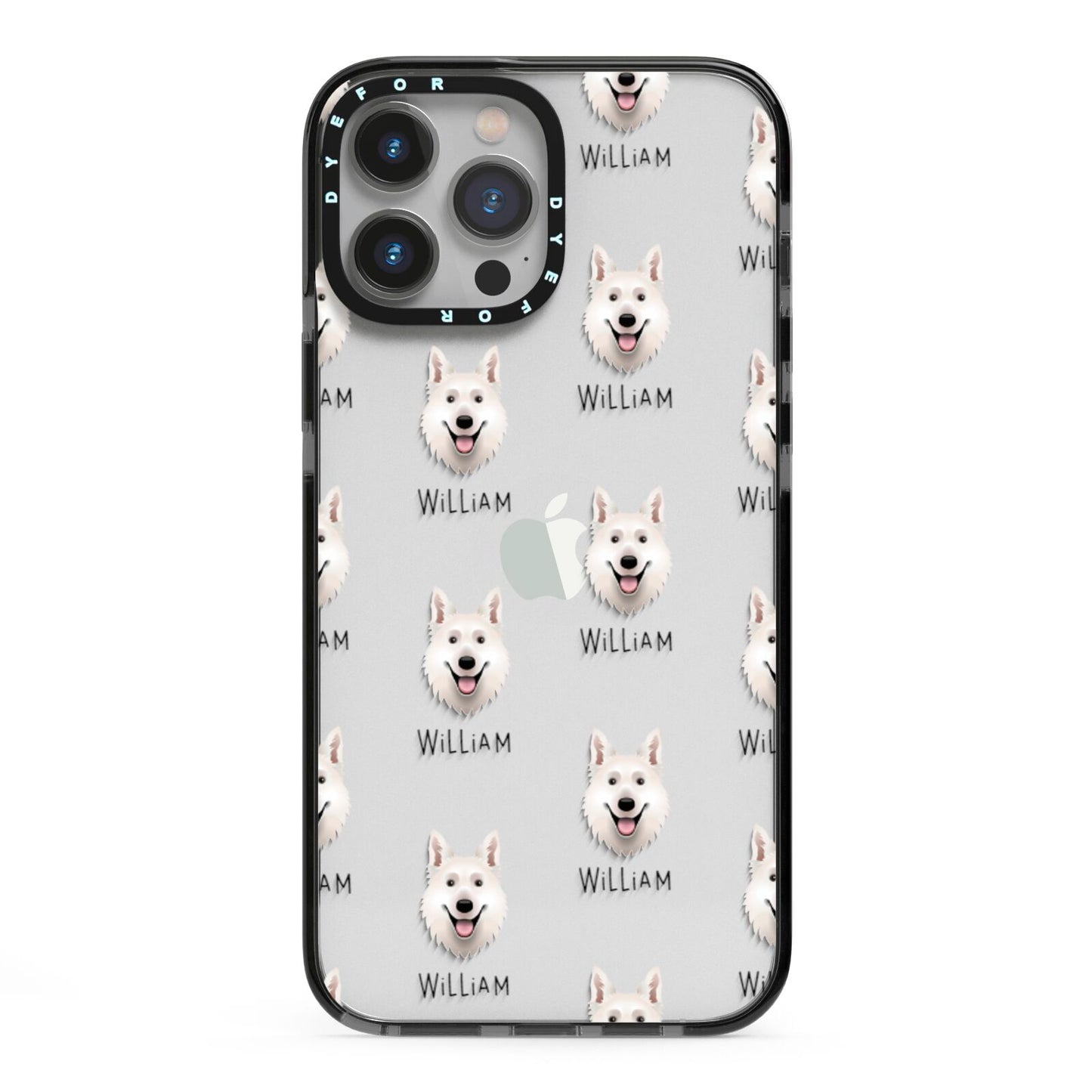 White Swiss Shepherd Dog Icon with Name iPhone 13 Pro Max Black Impact Case on Silver phone