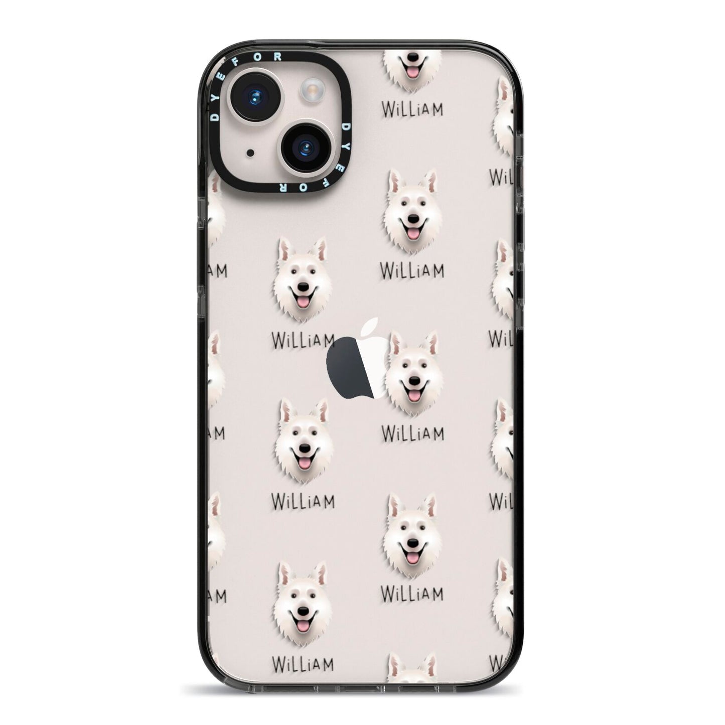 White Swiss Shepherd Dog Icon with Name iPhone 14 Plus Black Impact Case on Silver phone