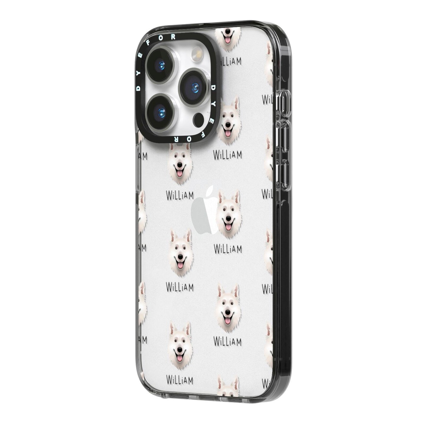 White Swiss Shepherd Dog Icon with Name iPhone 14 Pro Black Impact Case Side Angle on Silver phone