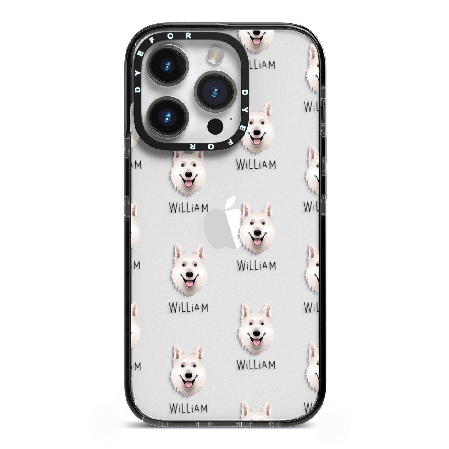 White Swiss Shepherd Dog Icon with Name iPhone 14 Pro Black Impact Case on Silver phone